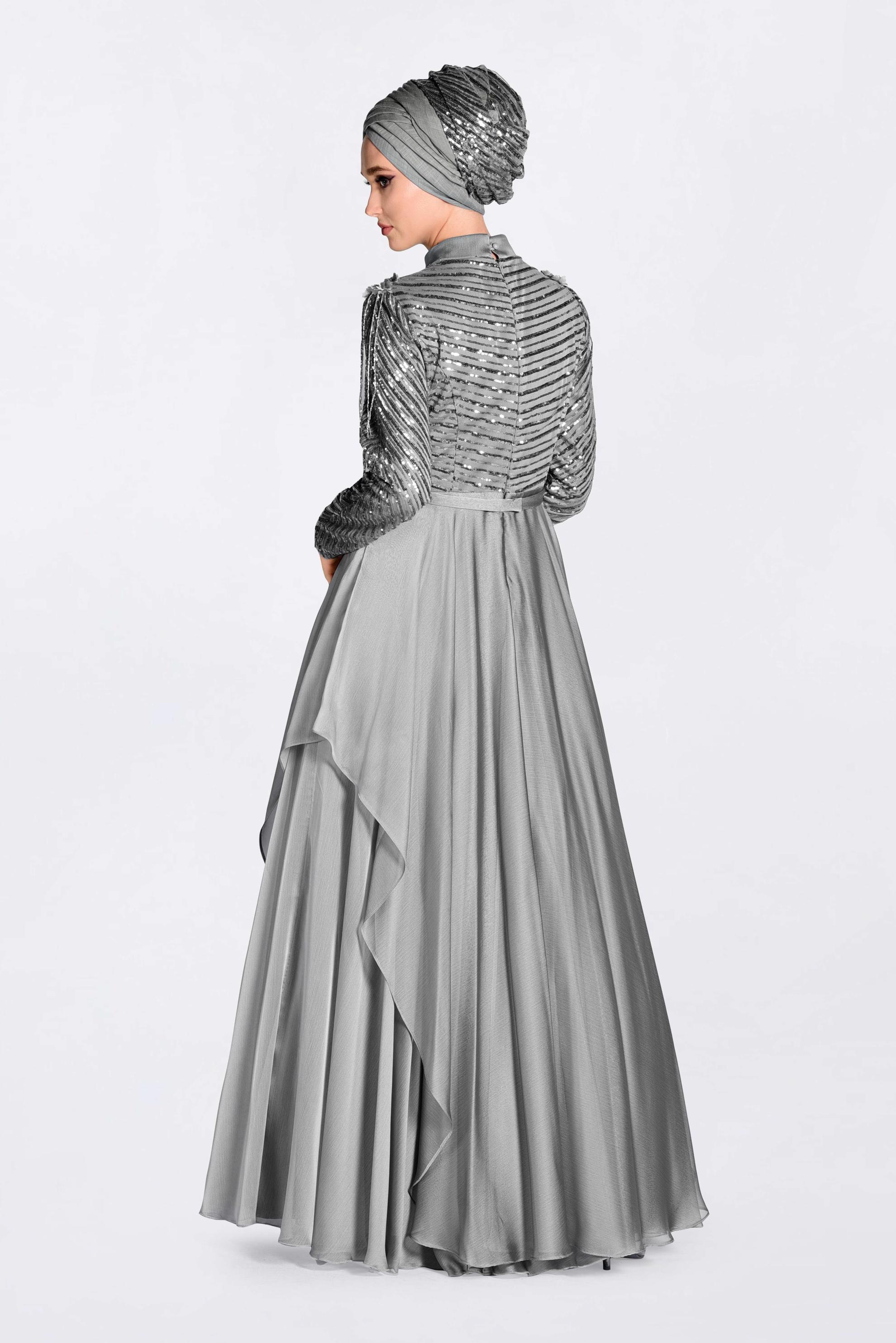 Tesettür giyim GRİ BONCUK İŞLEMELİ ŞİFON ABİYE ELBİSE 5494