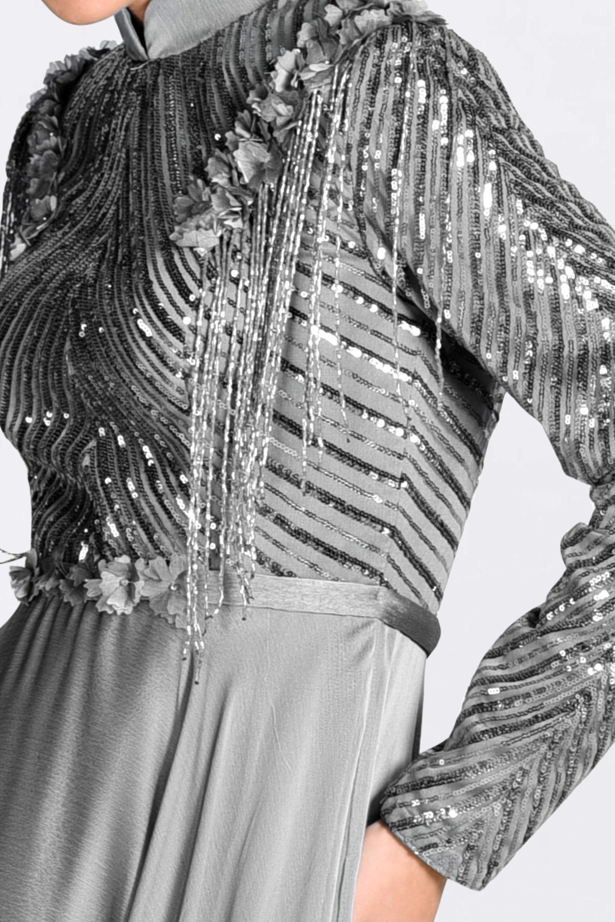 Tesettür giyim GRİ BONCUK İŞLEMELİ ŞİFON ABİYE ELBİSE 5494