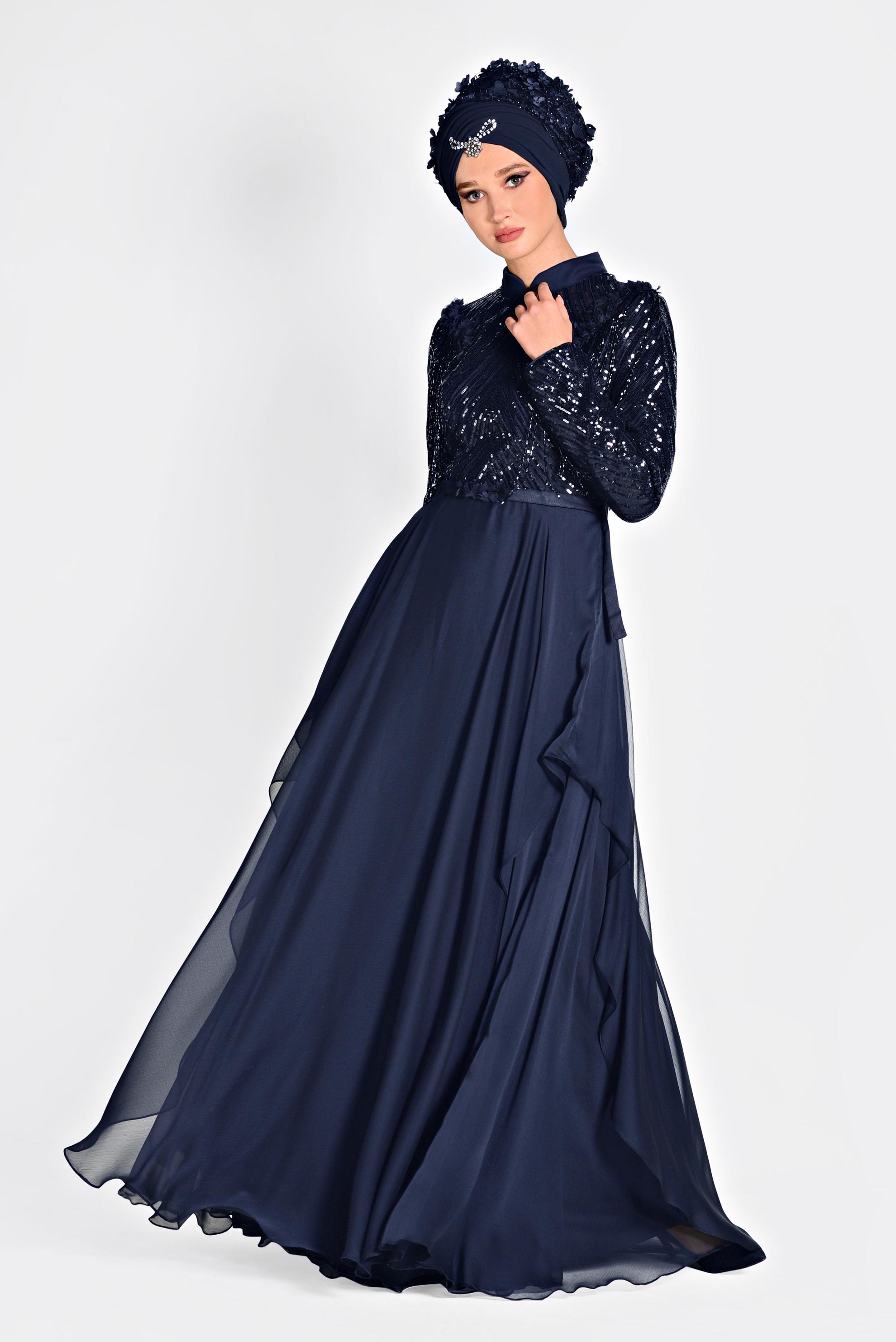 Tesettür giyim LACİVERT BONCUK İŞLEMELİ ŞİFON ABİYE ELBİSE 5494