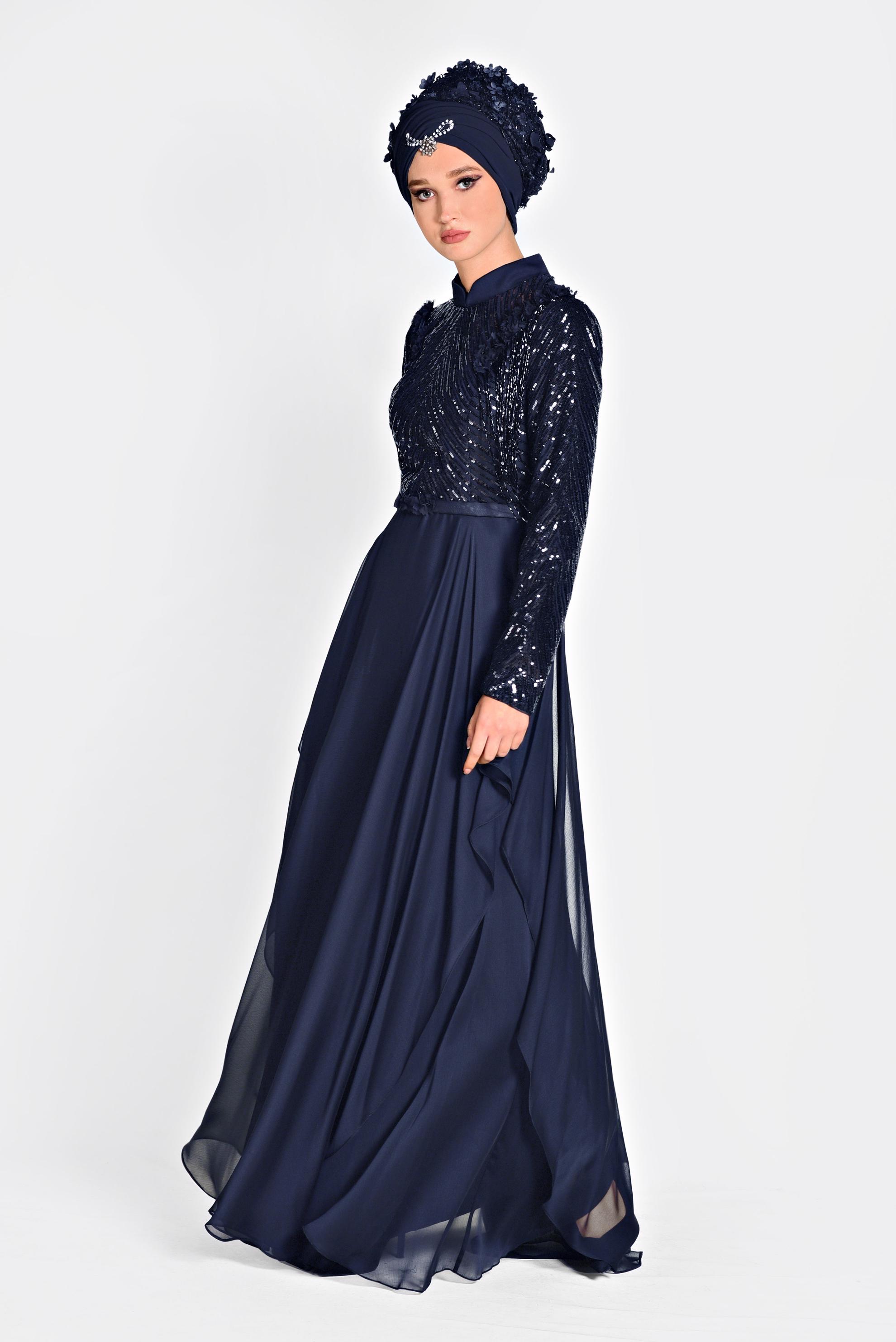 Tesettür giyim LACİVERT BONCUK İŞLEMELİ ŞİFON ABİYE ELBİSE 5494