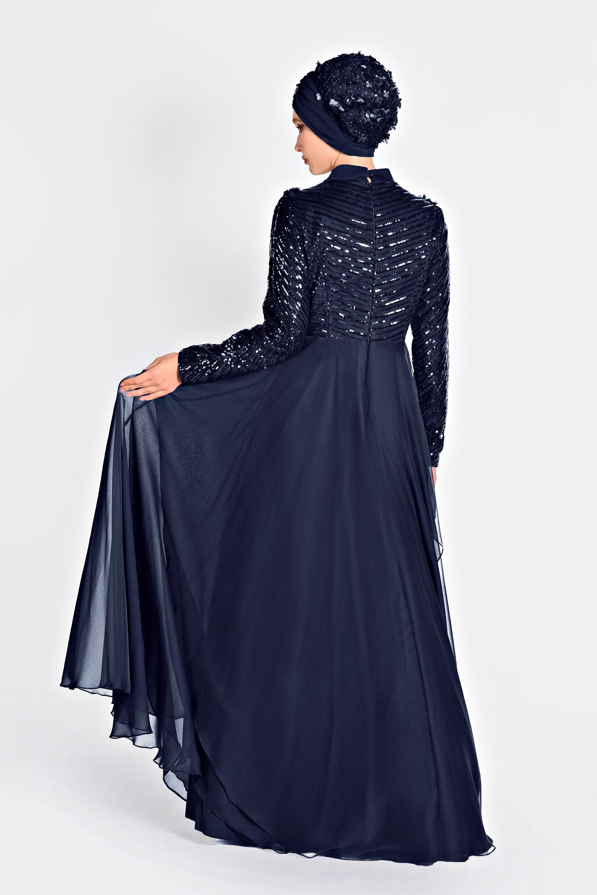 Tesettür giyim LACİVERT BONCUK İŞLEMELİ ŞİFON ABİYE ELBİSE 5494