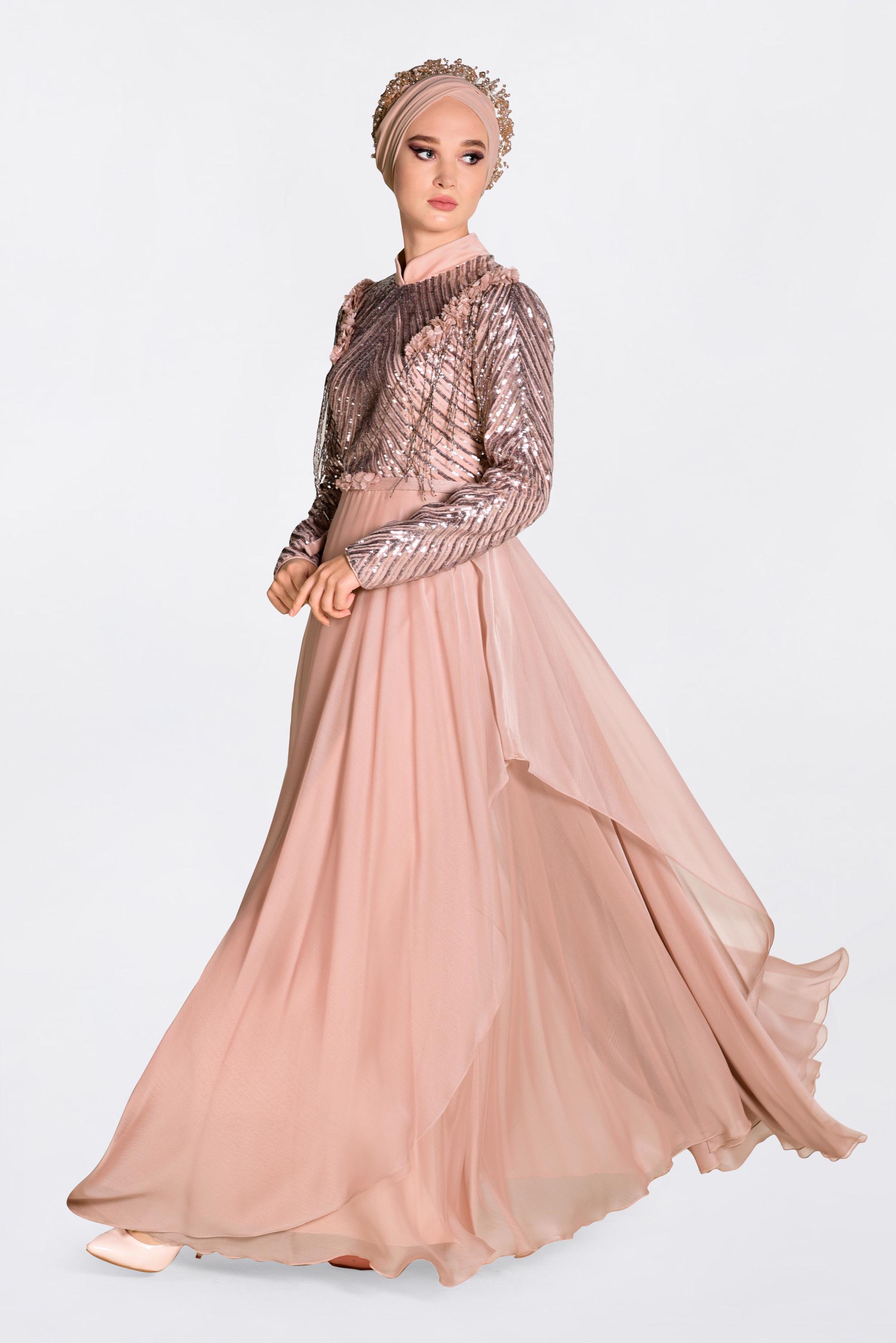 Tesettür giyim PUDRA BONCUK İŞLEMELİ ŞİFON ABİYE ELBİSE 5494