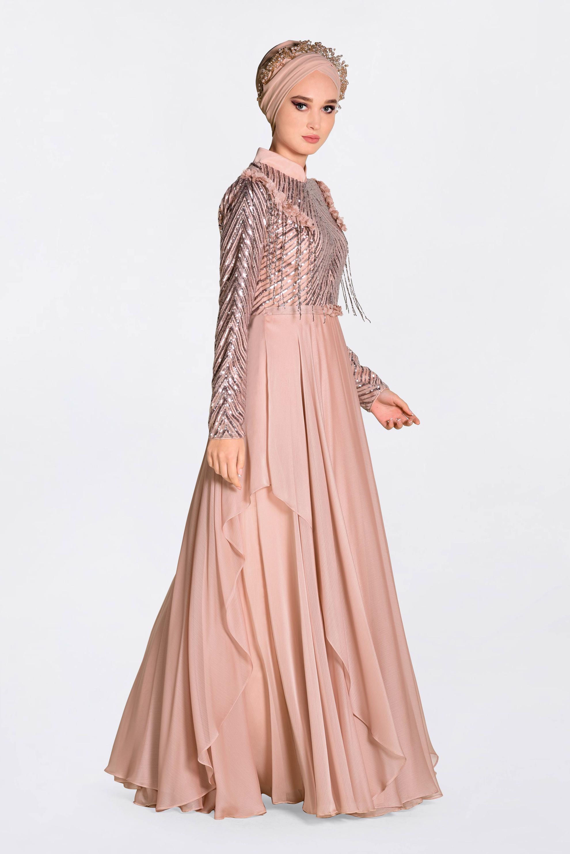 Tesettür giyim PUDRA BONCUK İŞLEMELİ ŞİFON ABİYE ELBİSE 5494