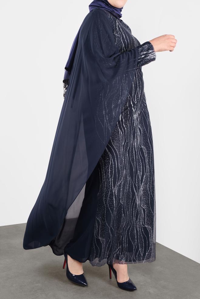 Tesettür giyim LACİVERT SİMLİ ŞİFON ABİYE ELBİSE 5527 - ALVİNA