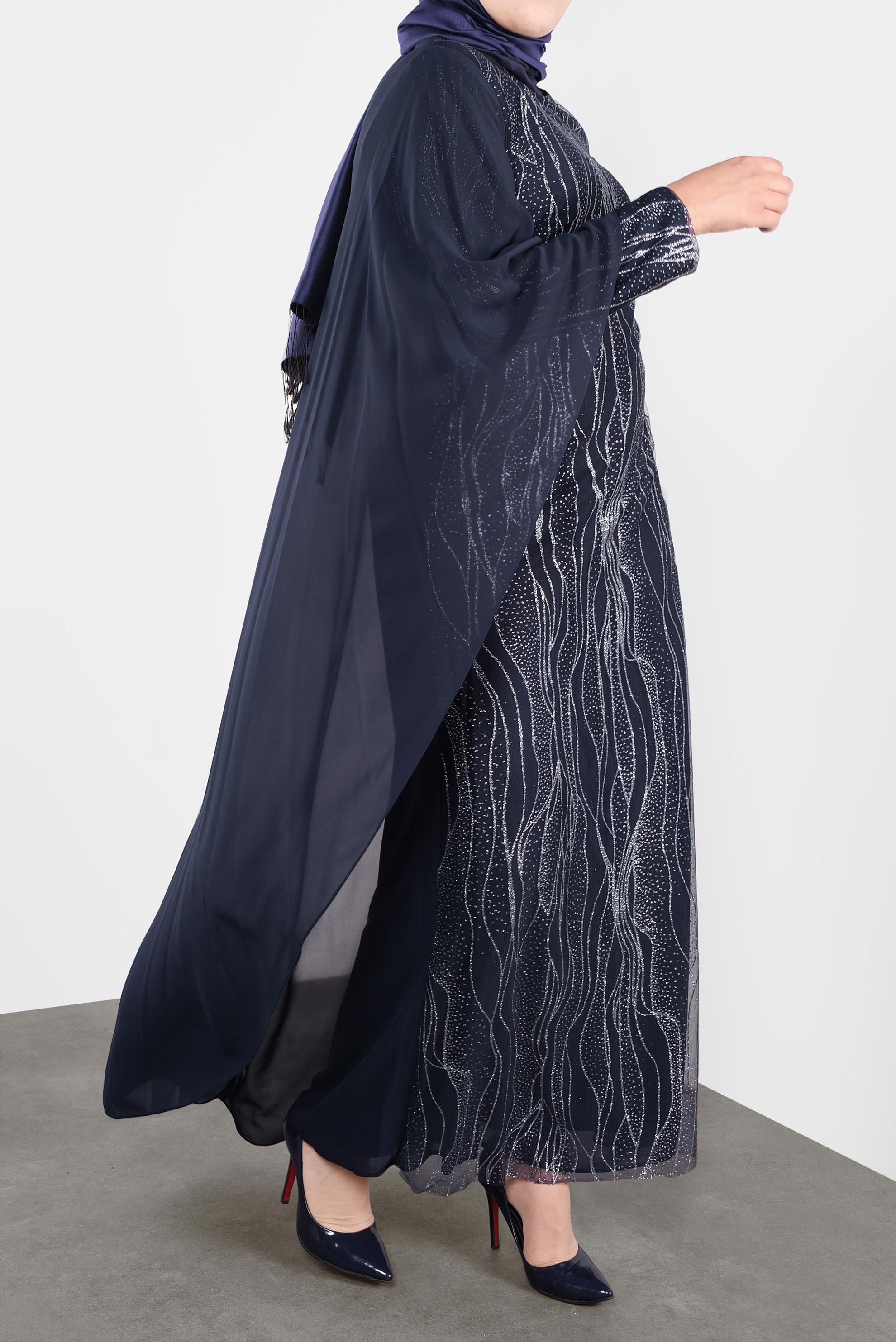 Vêtements hijab BLEU MARINE ROBE DE SOIRÉE BRILLANTE EN MOUSSELINE 5527 