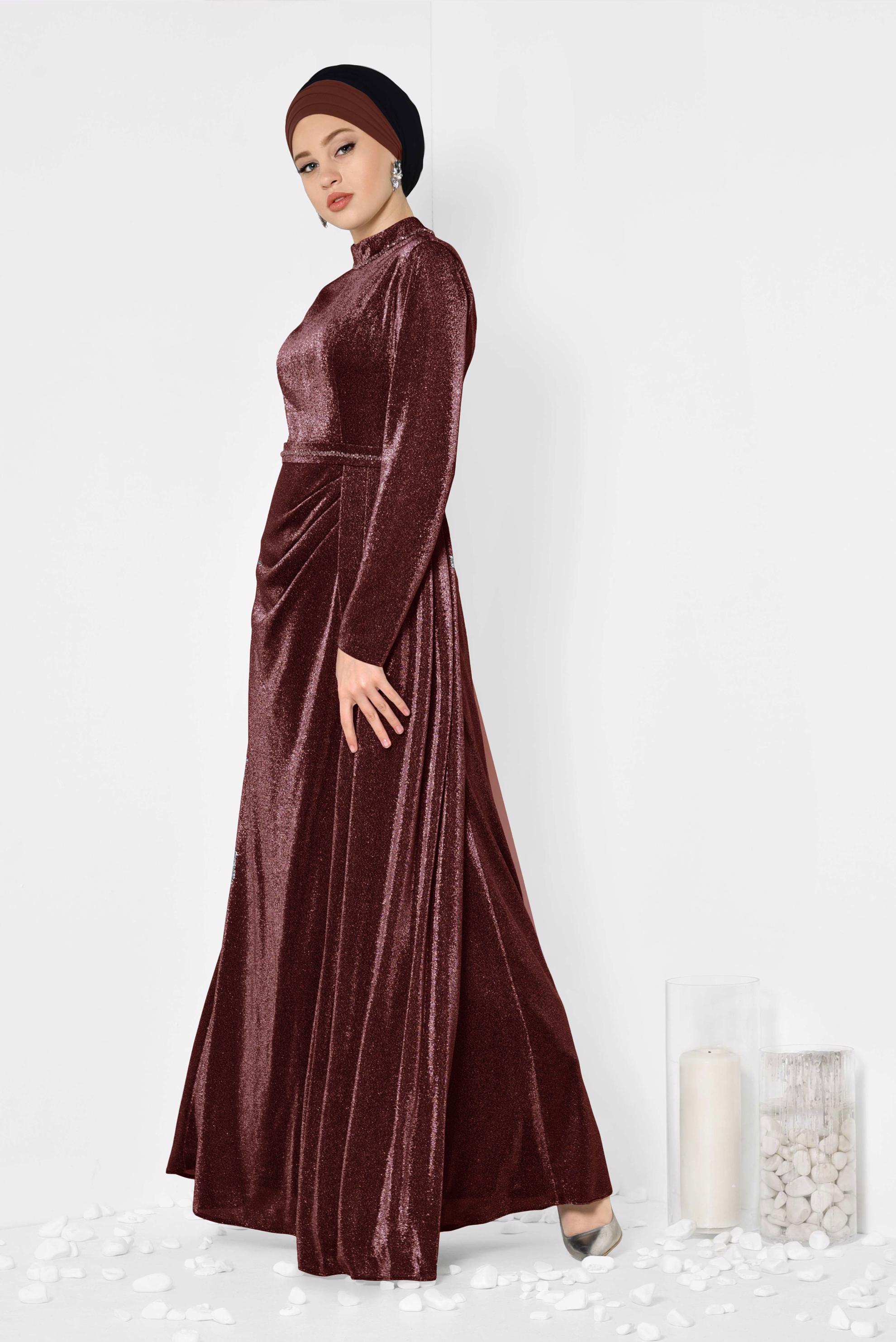 Tesettür giyim SİYAH PİLE DETAYLI SİMLİ ABİYE ELBİSE 5572