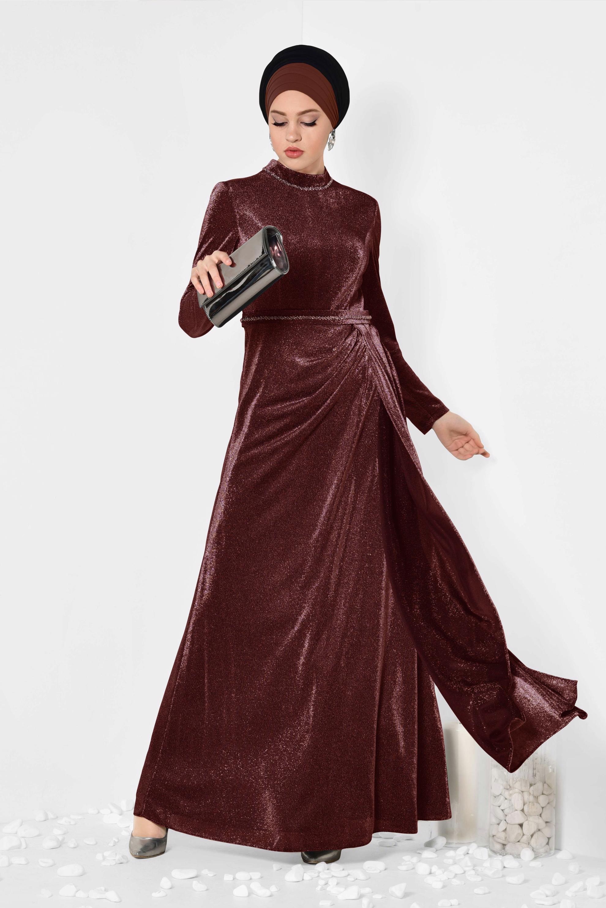 Tesettür giyim SİYAH PİLE DETAYLI SİMLİ ABİYE ELBİSE 5572