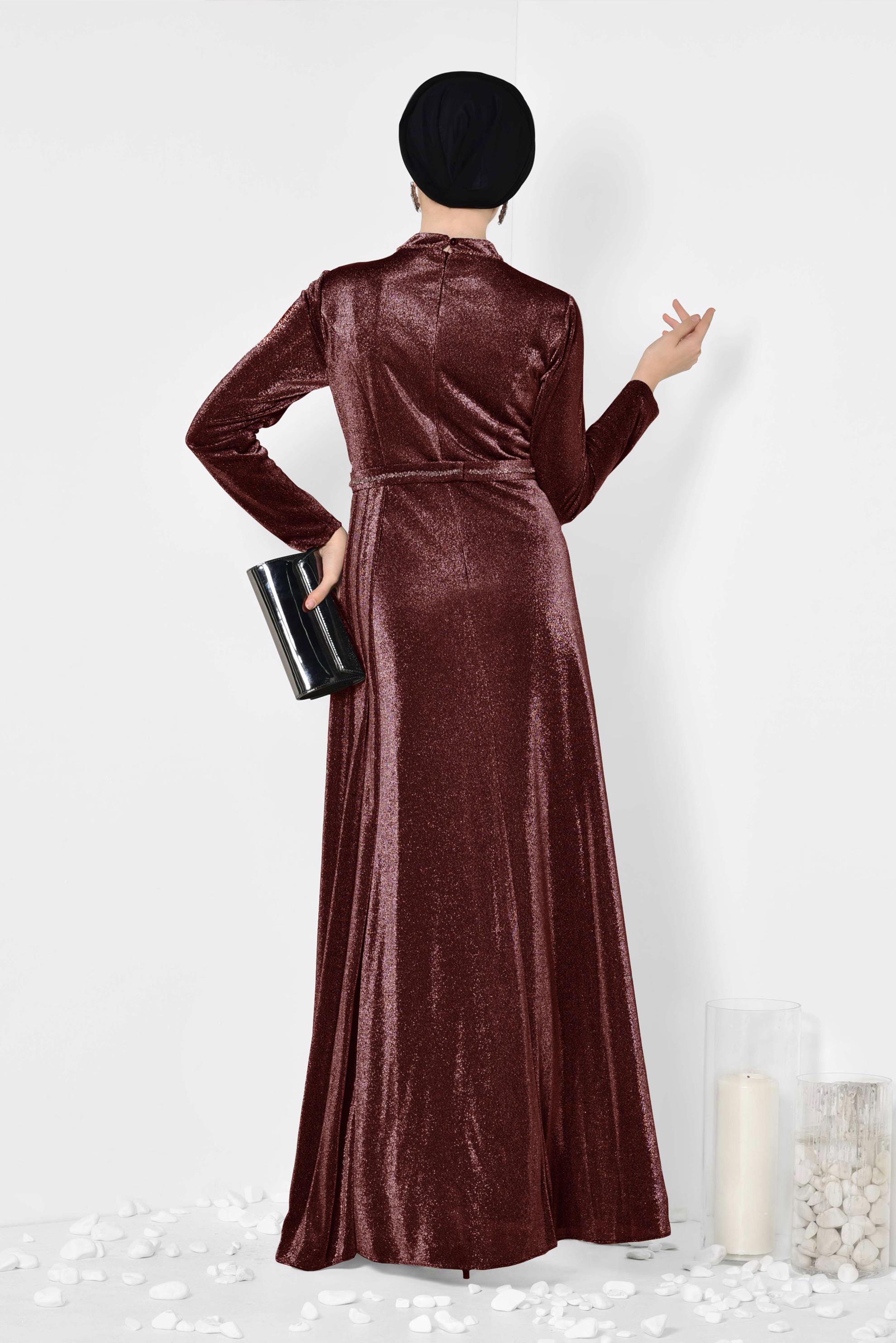 Tesettür giyim SİYAH PİLE DETAYLI SİMLİ ABİYE ELBİSE 5572