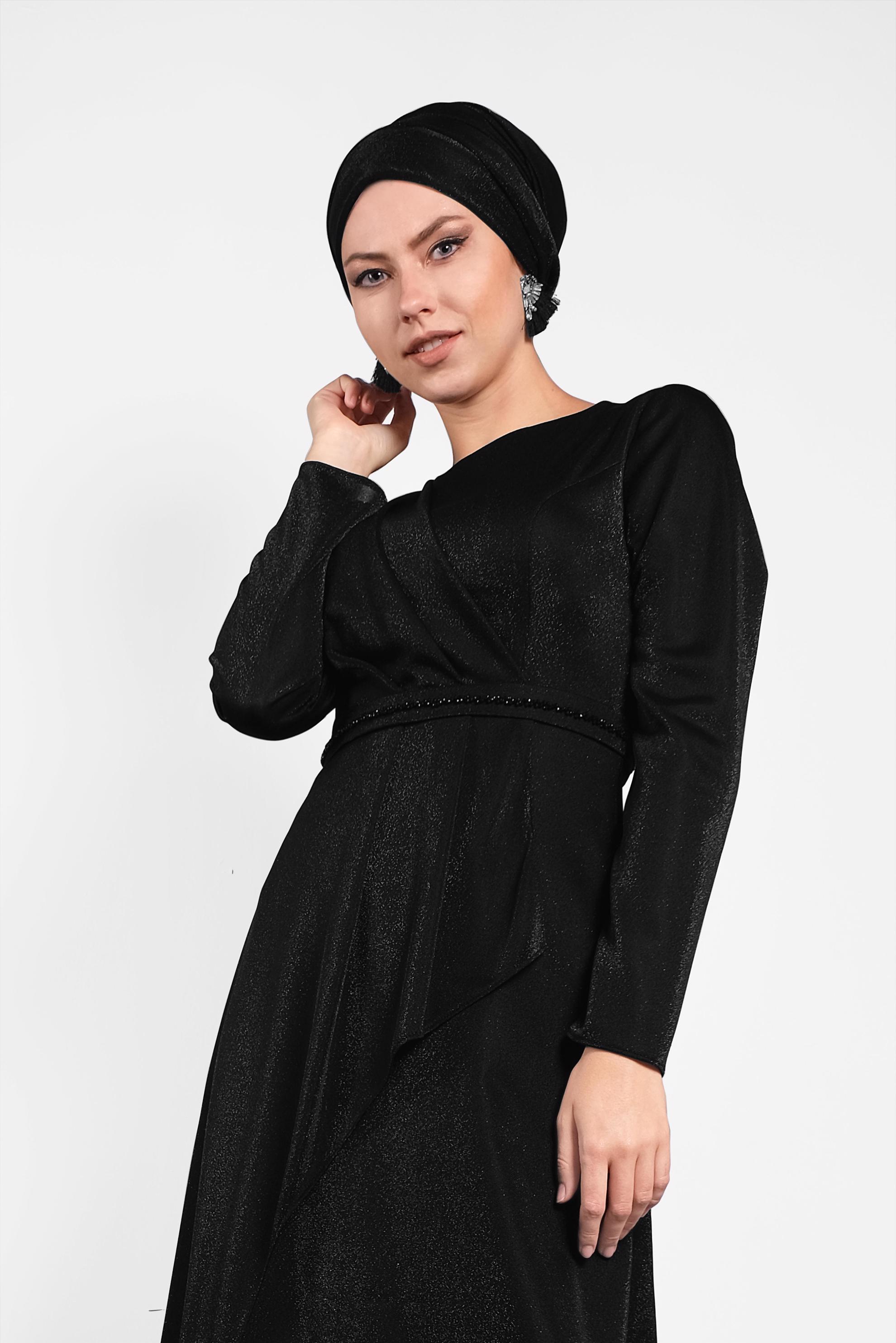 Tesettür giyim SİYAH SİMLİ ABİYE ELBİSE 5574