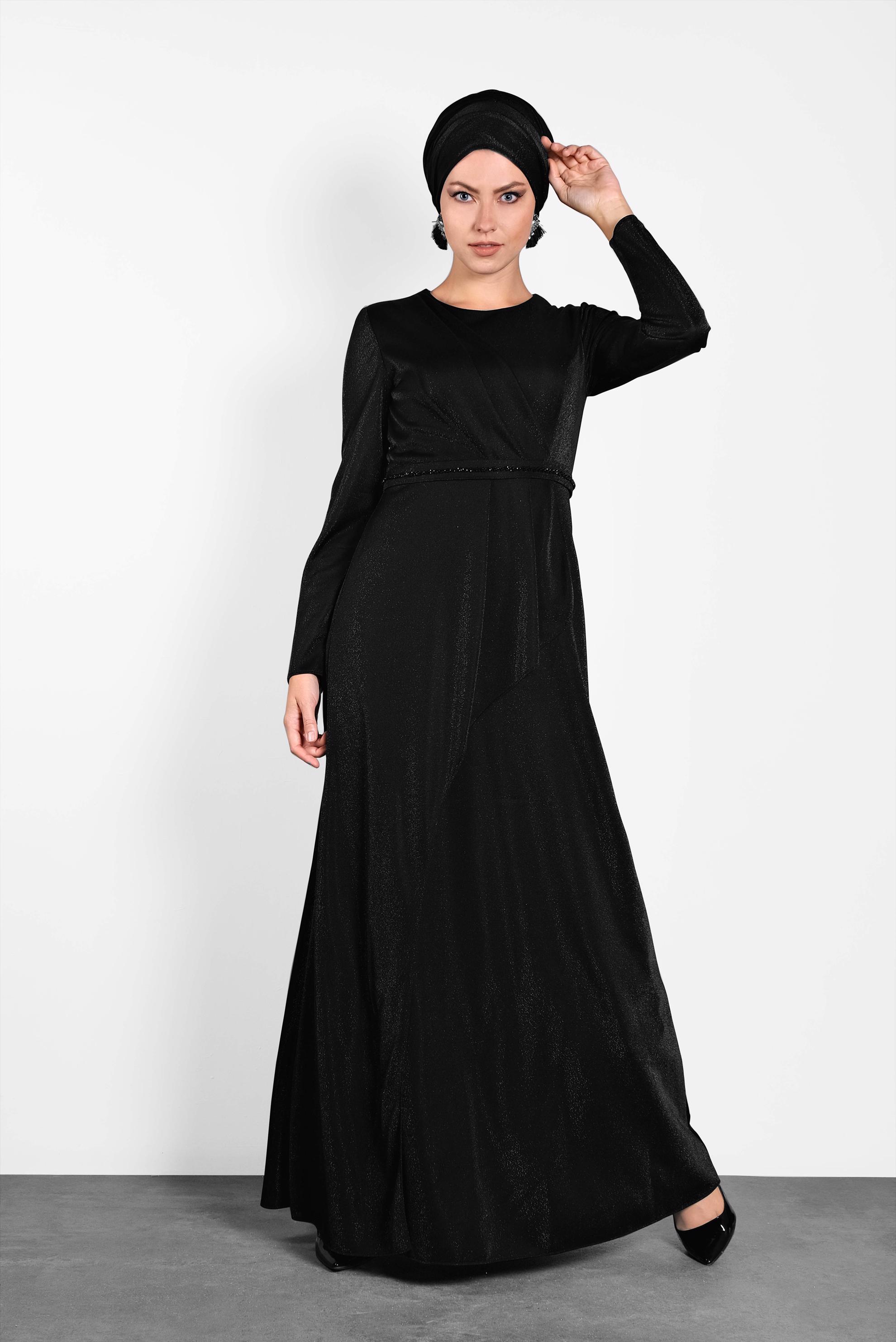 Tesettür giyim SİYAH SİMLİ ABİYE ELBİSE 5574