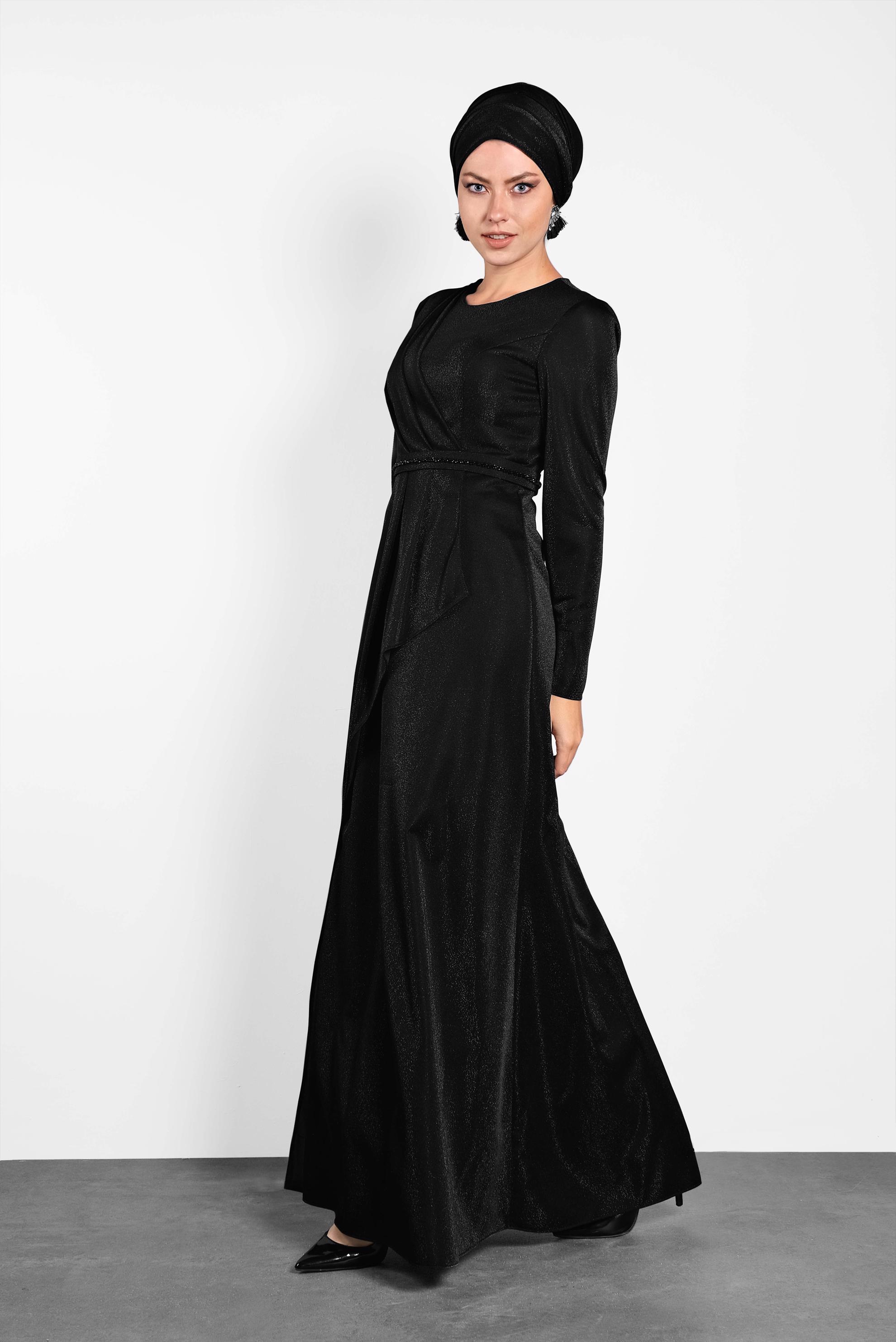 Tesettür giyim SİYAH SİMLİ ABİYE ELBİSE 5574