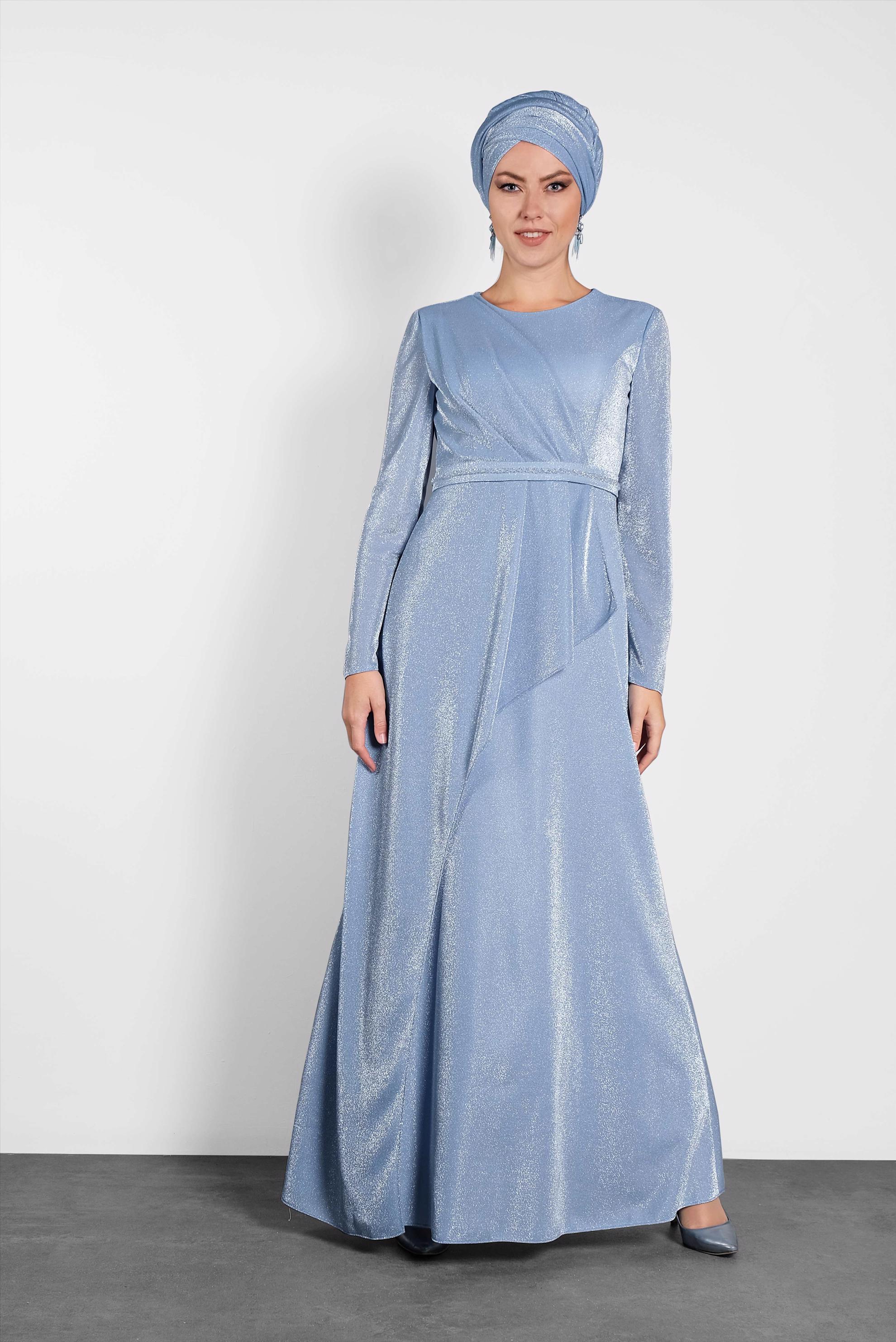 Tesettür giyim MAVİ SİMLİ ABİYE ELBİSE 5574