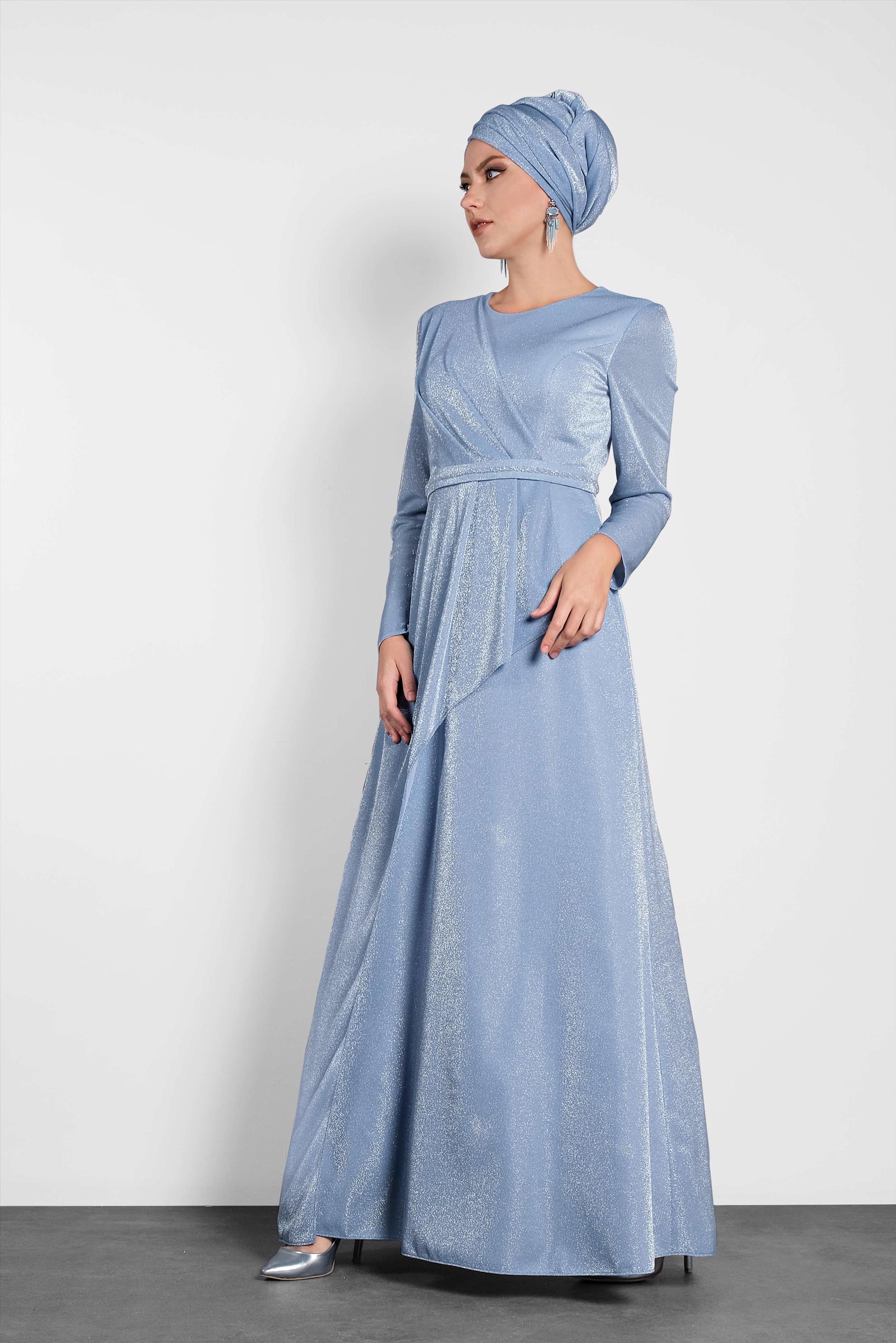 Tesettür giyim MAVİ SİMLİ ABİYE ELBİSE 5574