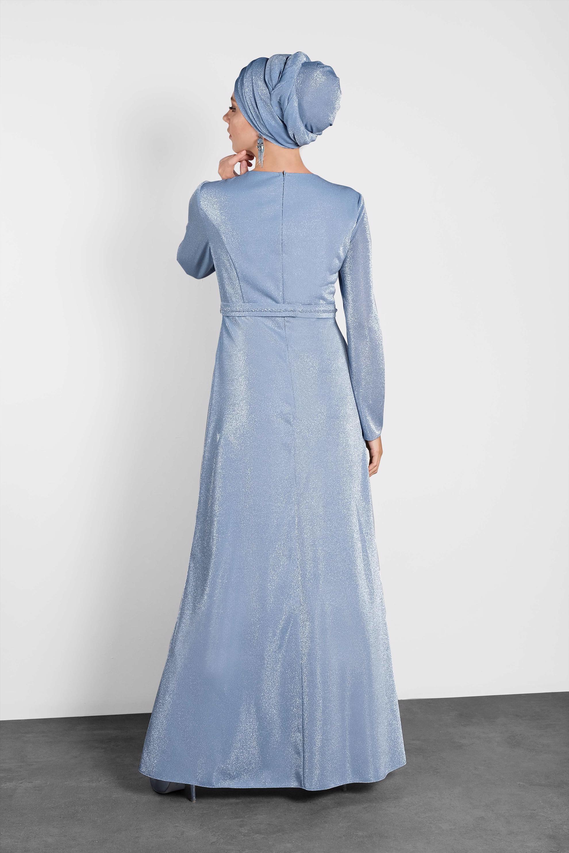 Tesettür giyim MAVİ SİMLİ ABİYE ELBİSE 5574