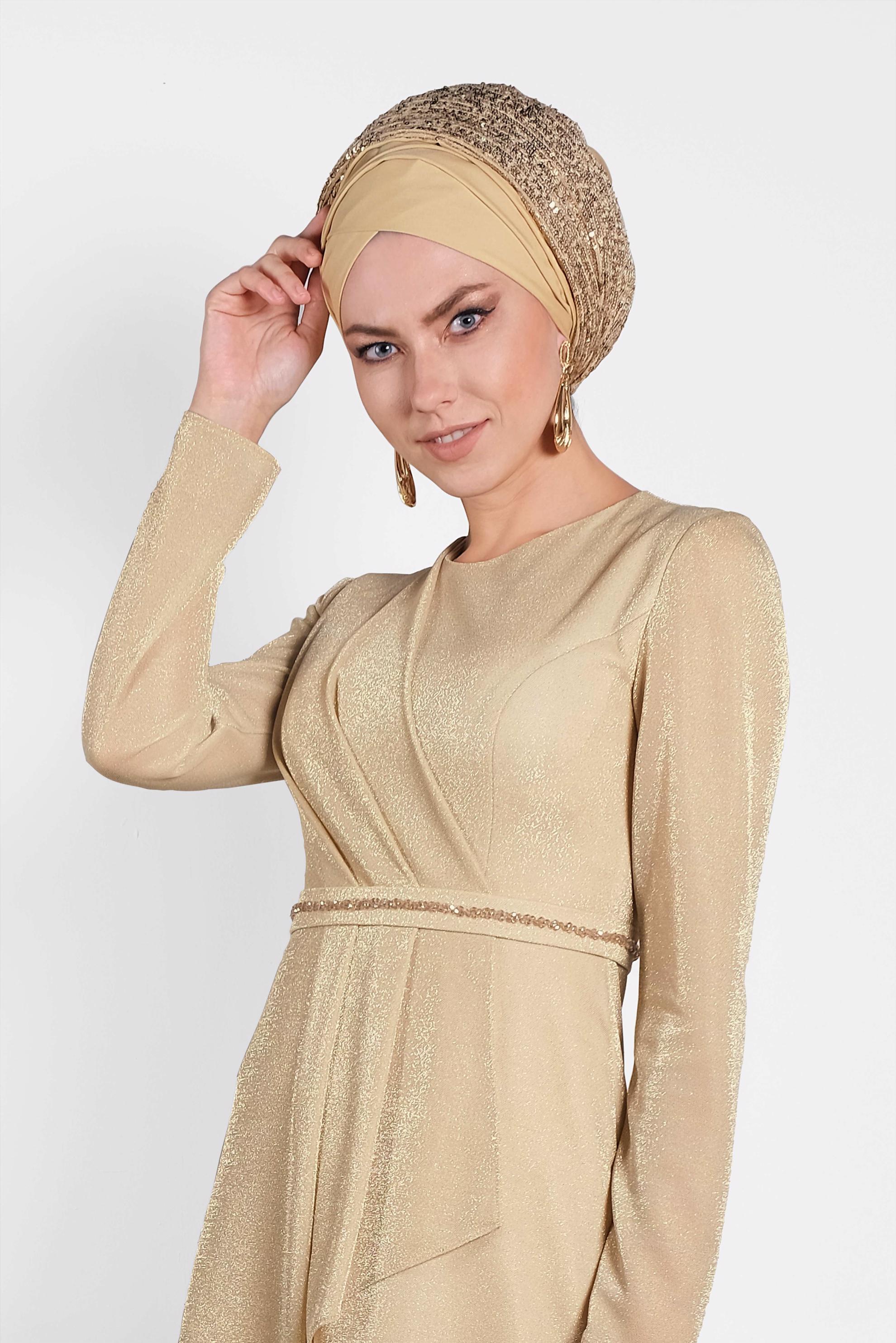 Tesettür giyim BEJ SİMLİ ABİYE ELBİSE 5574