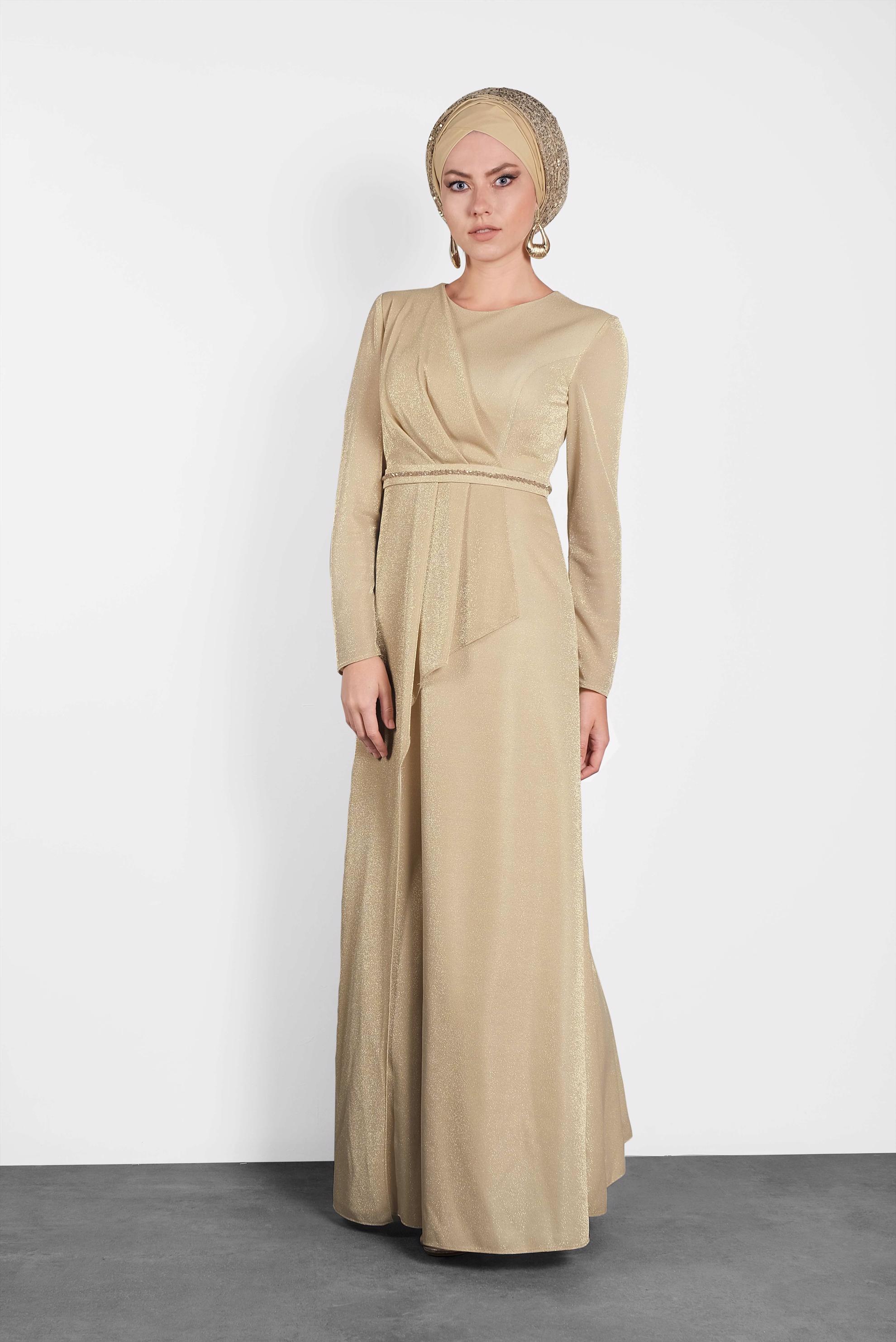 Tesettür giyim BEJ SİMLİ ABİYE ELBİSE 5574