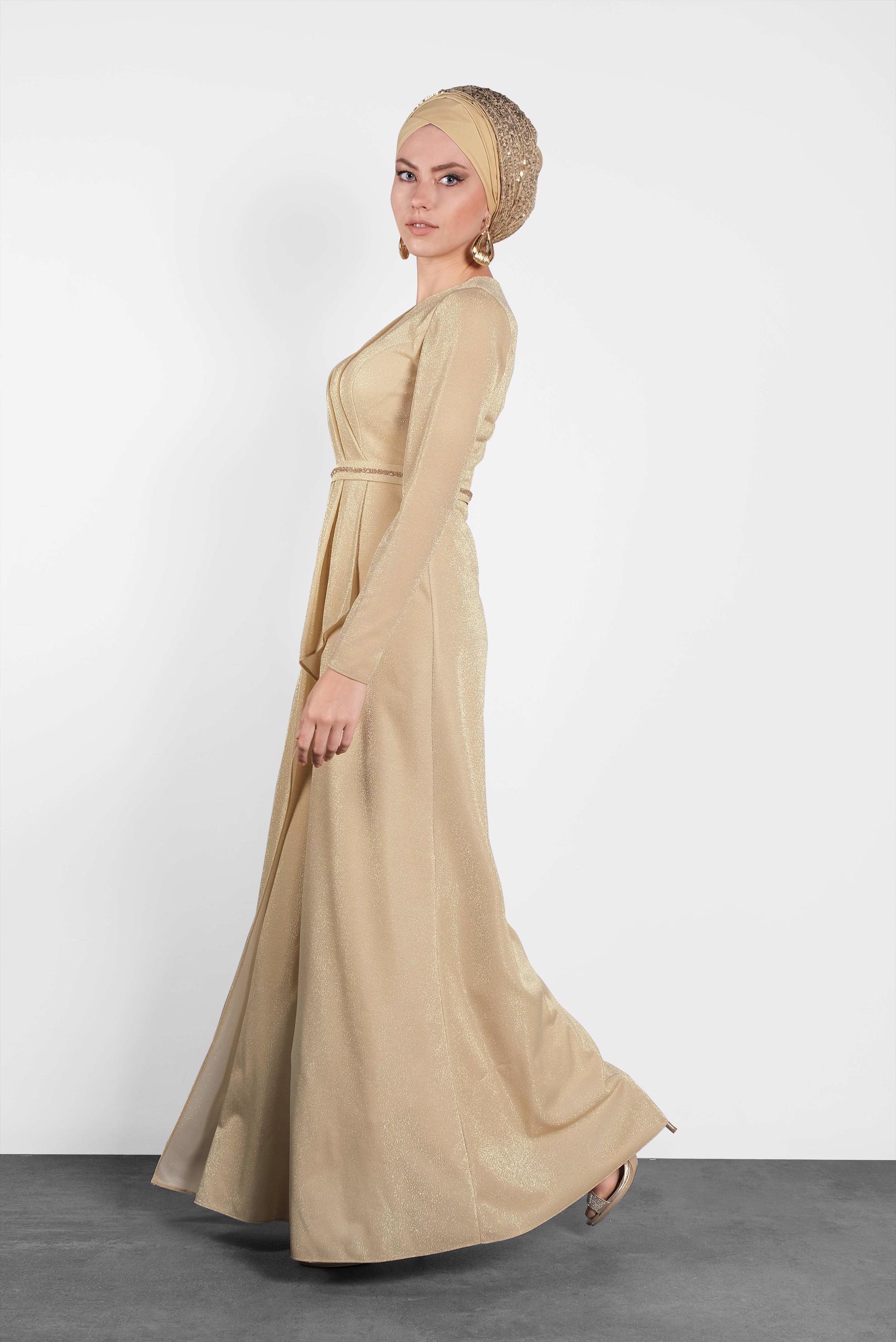 Tesettür giyim BEJ SİMLİ ABİYE ELBİSE 5574