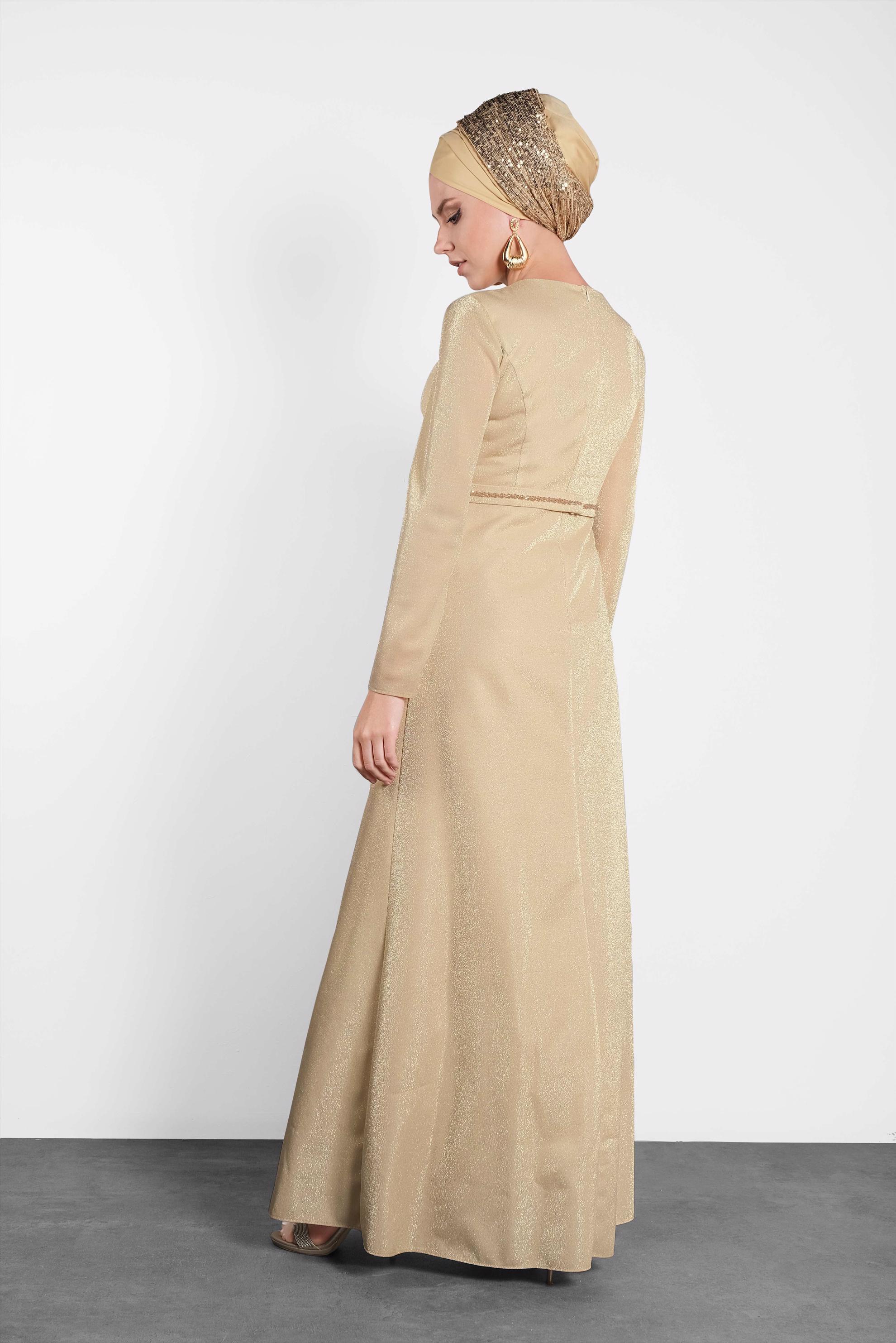 Tesettür giyim BEJ SİMLİ ABİYE ELBİSE 5574