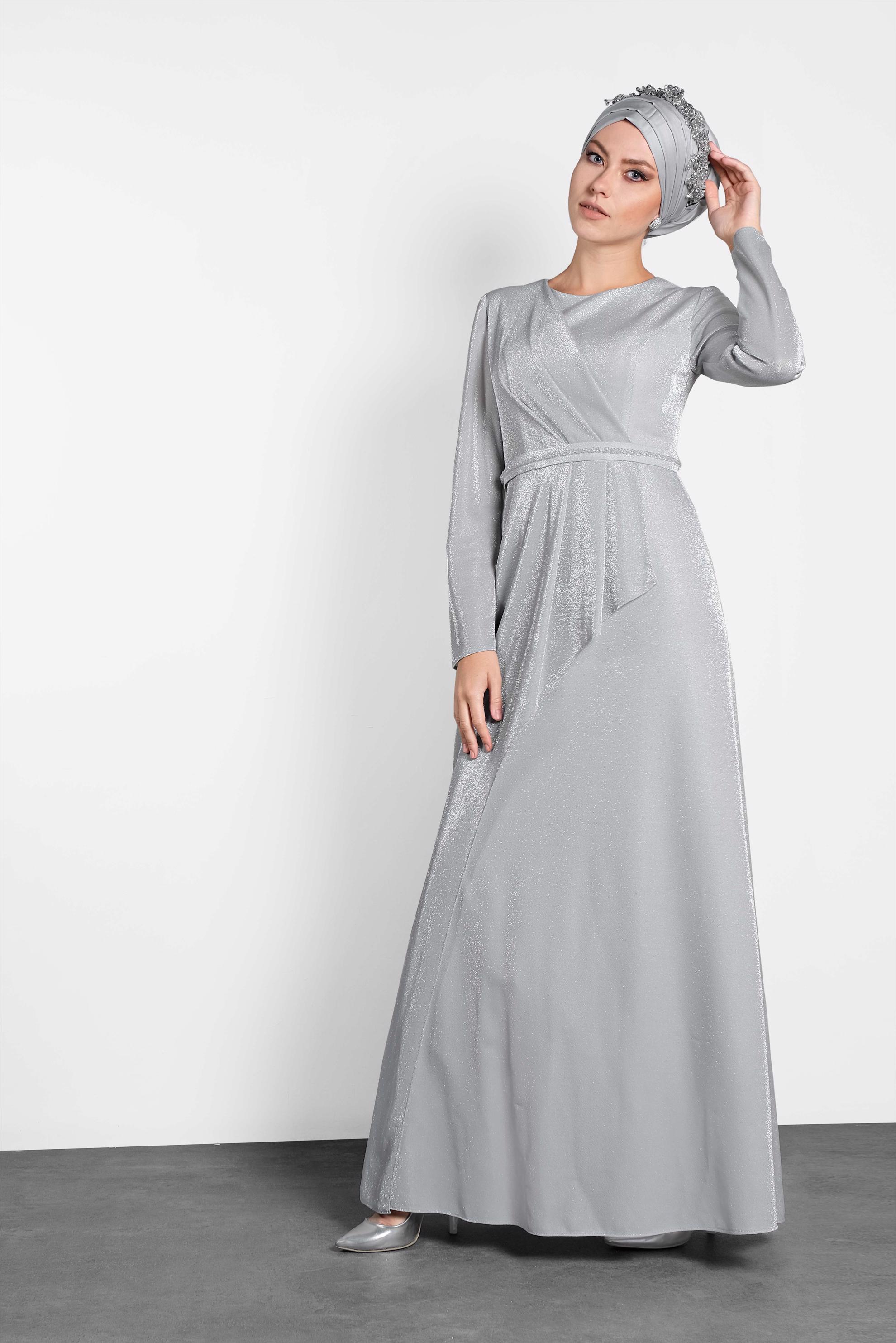 Tesettür giyim GRİ SİMLİ ABİYE ELBİSE 5574