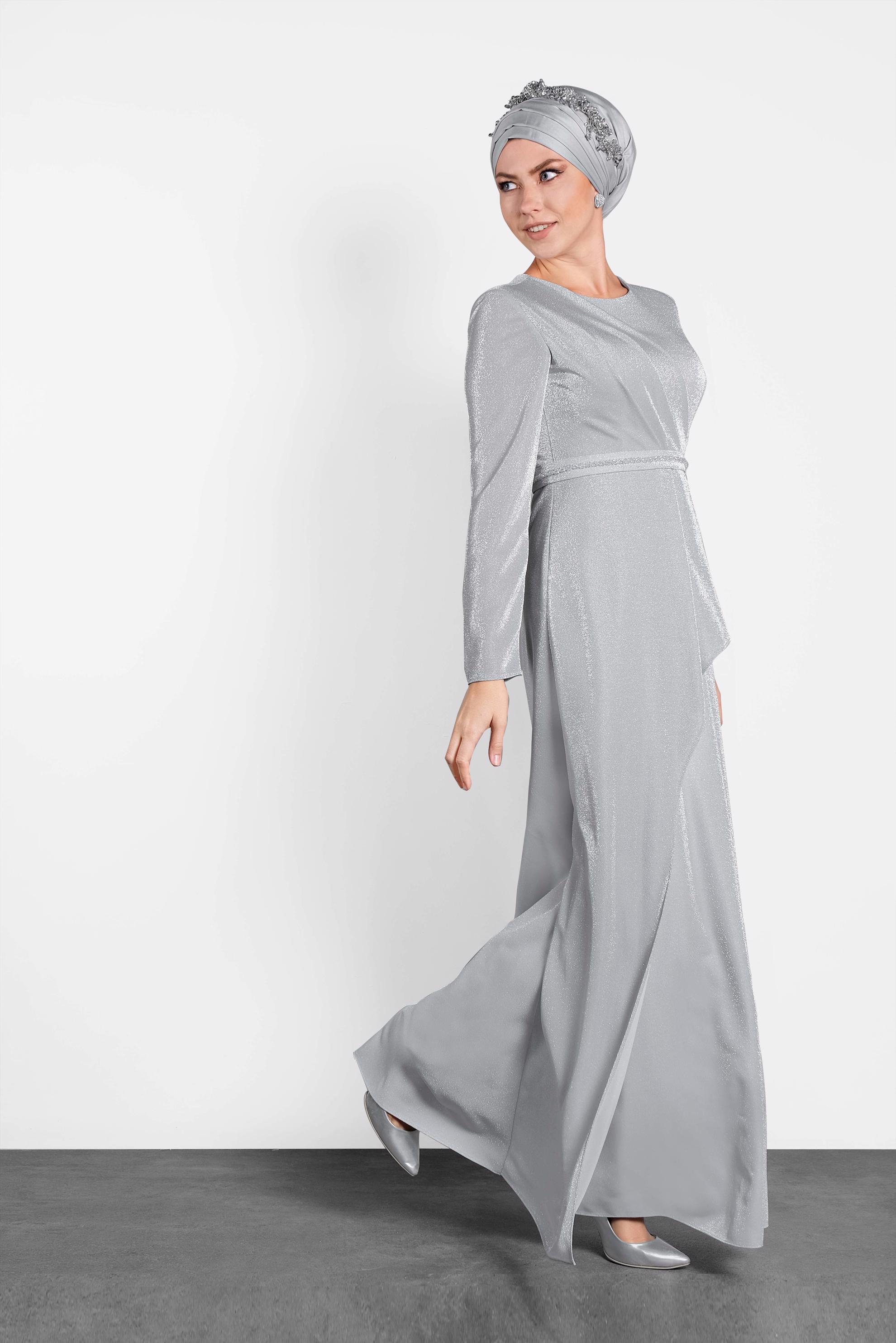 Tesettür giyim GRİ SİMLİ ABİYE ELBİSE 5574