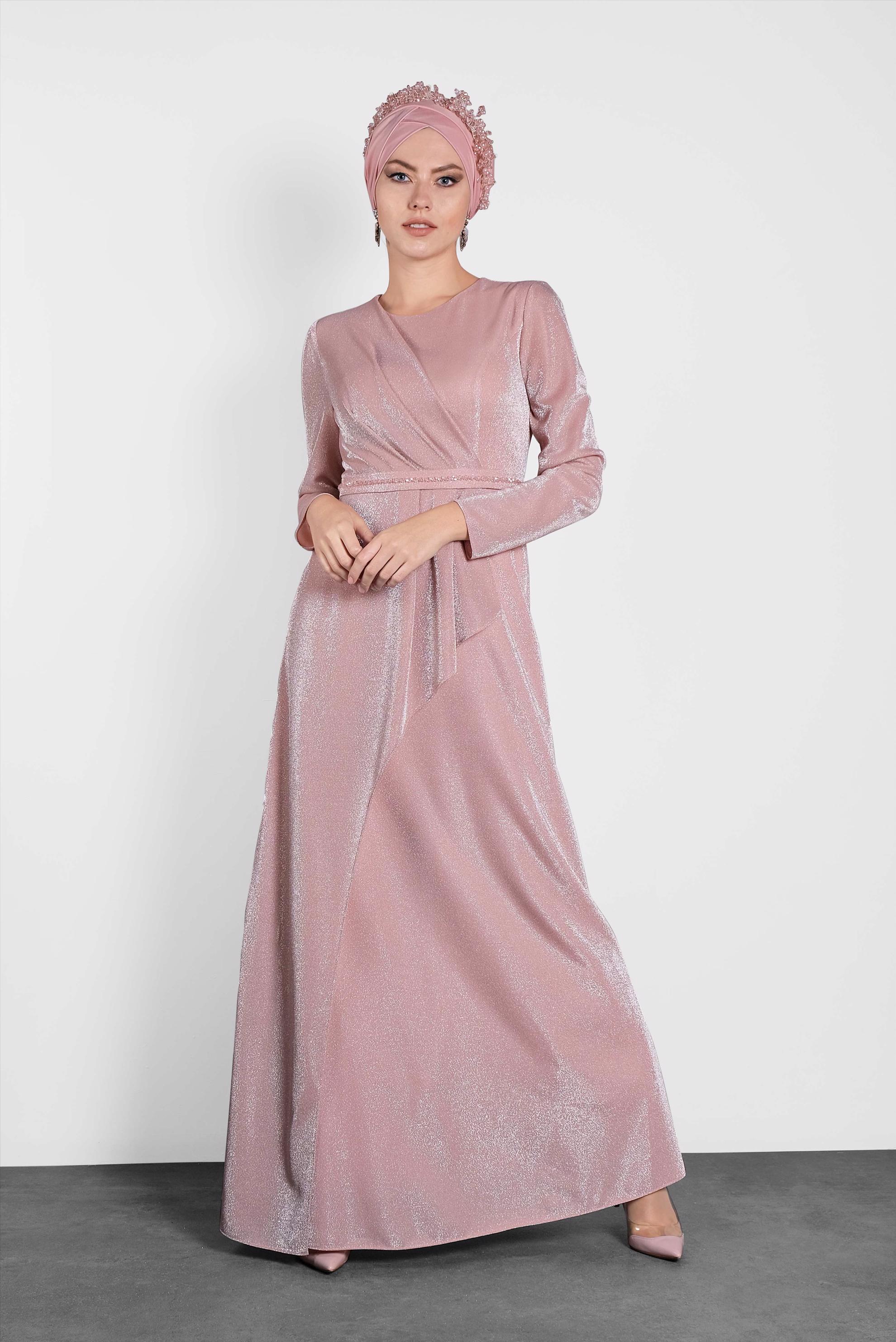 Tesettür giyim PUDRA SİMLİ ABİYE ELBİSE 5574