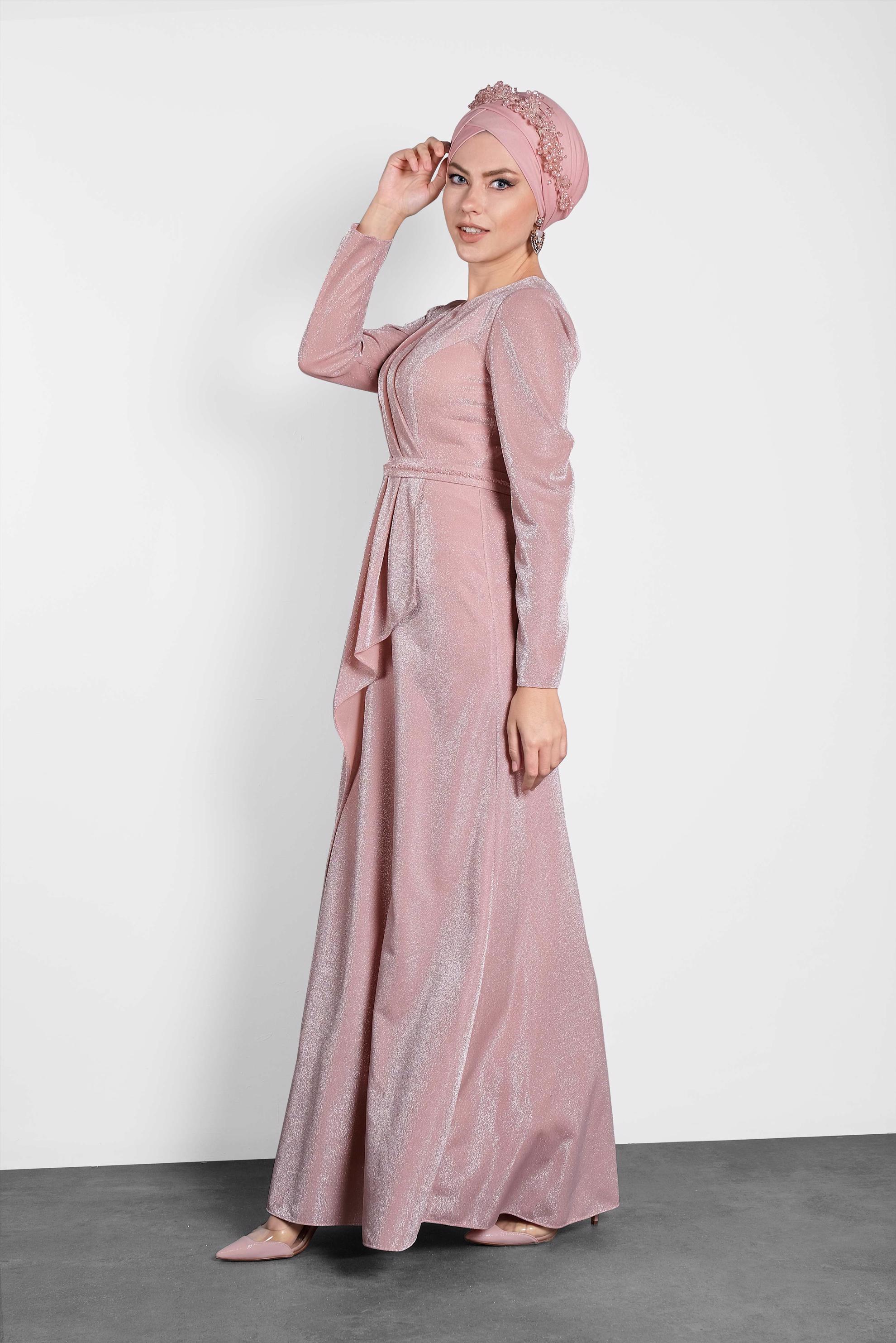 Tesettür giyim PUDRA SİMLİ ABİYE ELBİSE 5574
