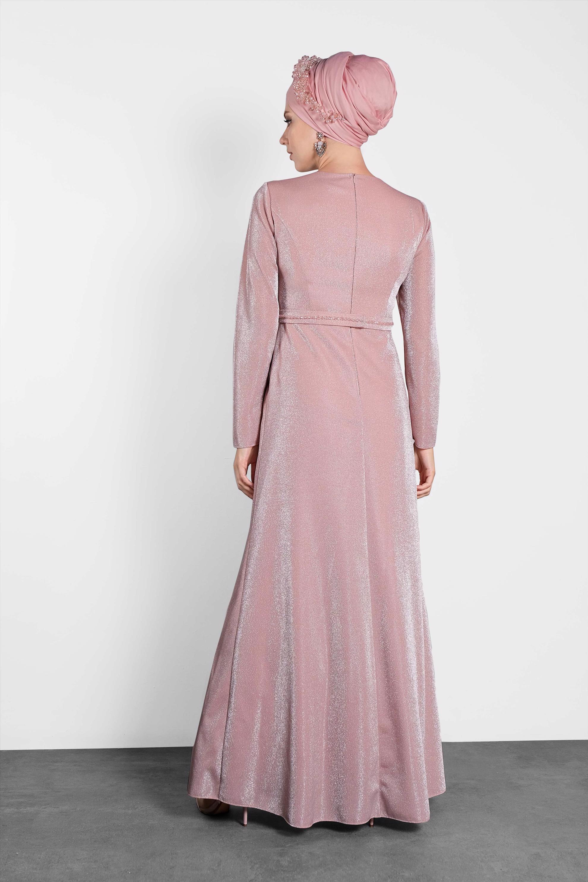 Tesettür giyim PUDRA SİMLİ ABİYE ELBİSE 5574