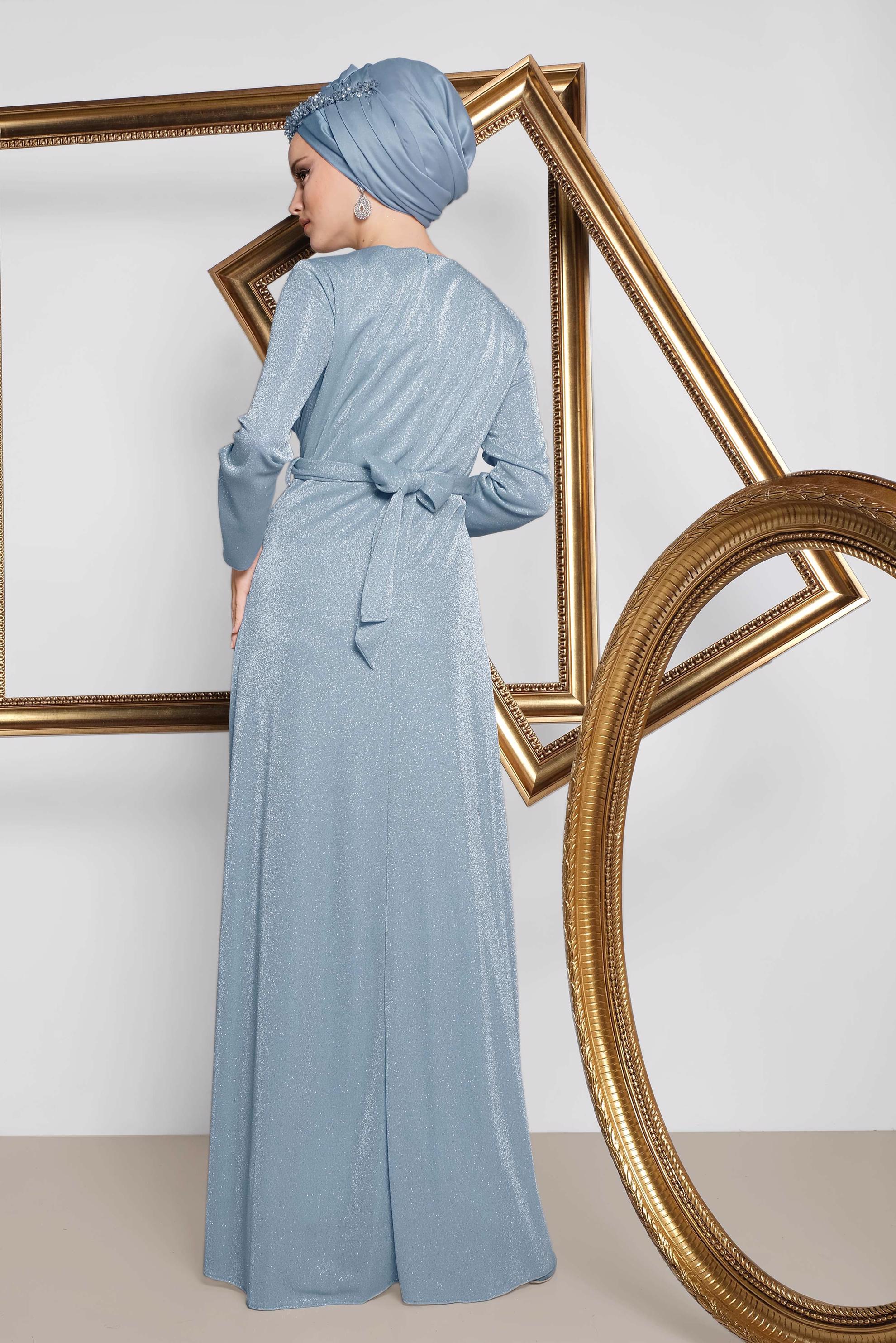Tesettür giyim MAVİ BELİ KUŞAKLI SİMLİ ABİYE ELBİSE 5575