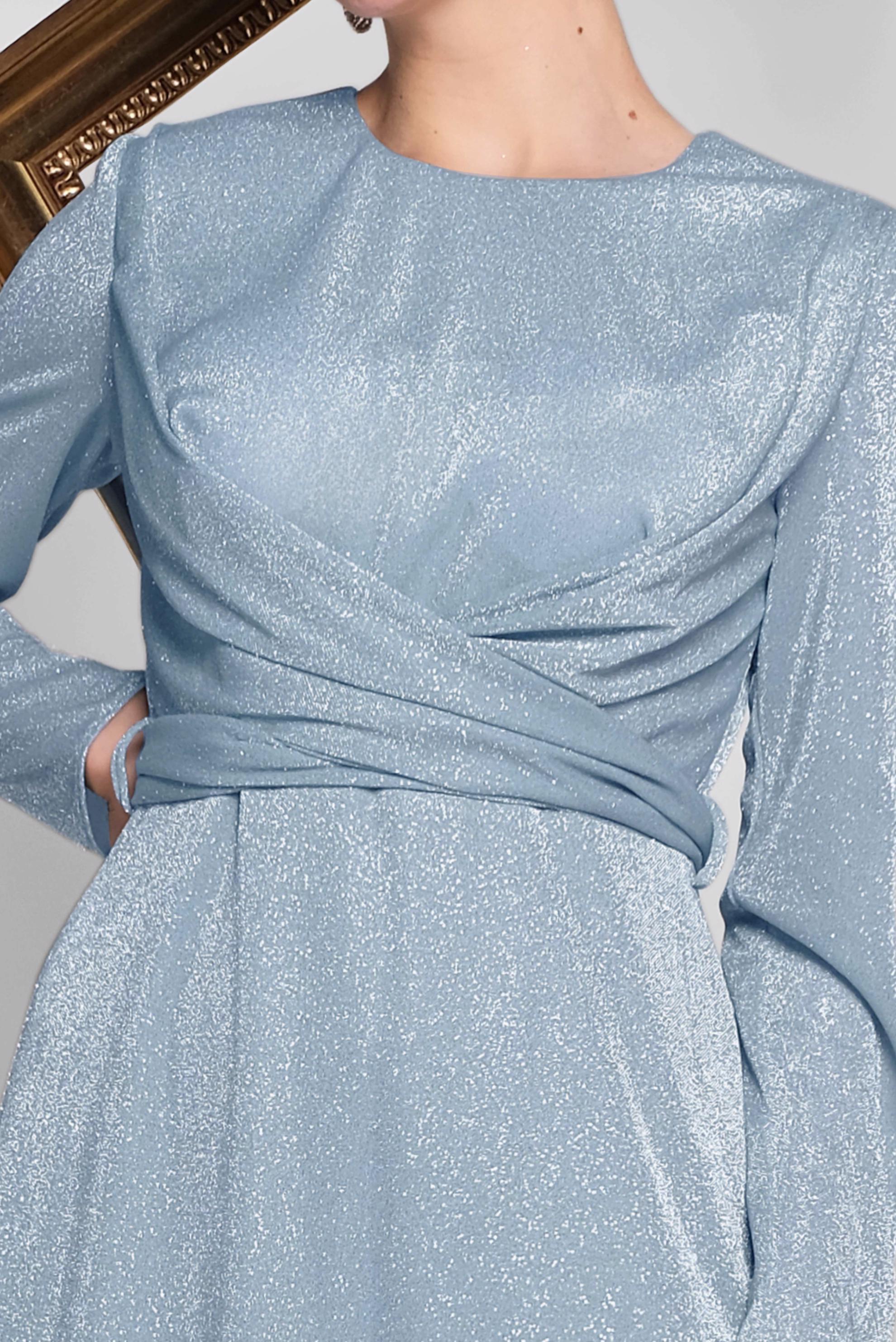 Tesettür giyim MAVİ BELİ KUŞAKLI SİMLİ ABİYE ELBİSE 5575