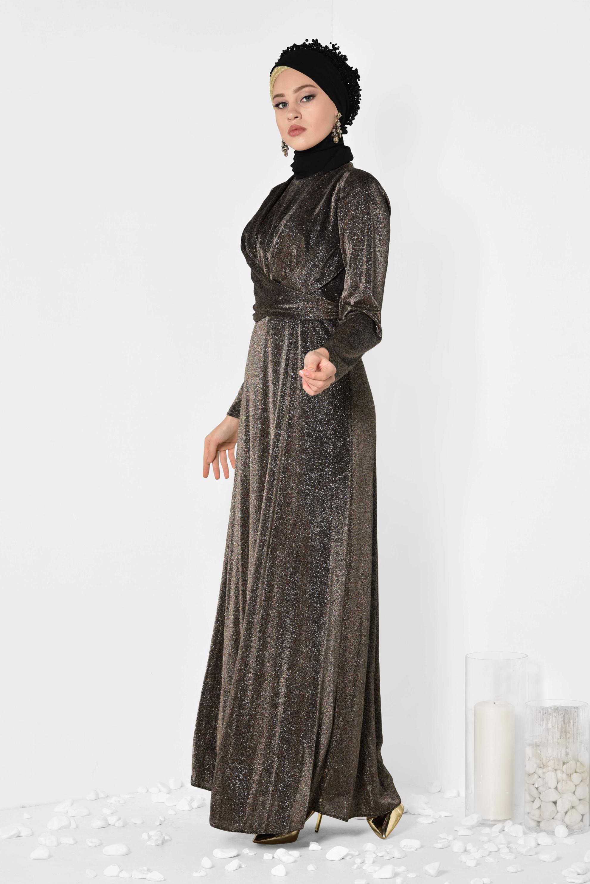 Tesettür giyim ALTIN BELİ KUŞAKLI SİMLİ ABİYE ELBİSE 5575