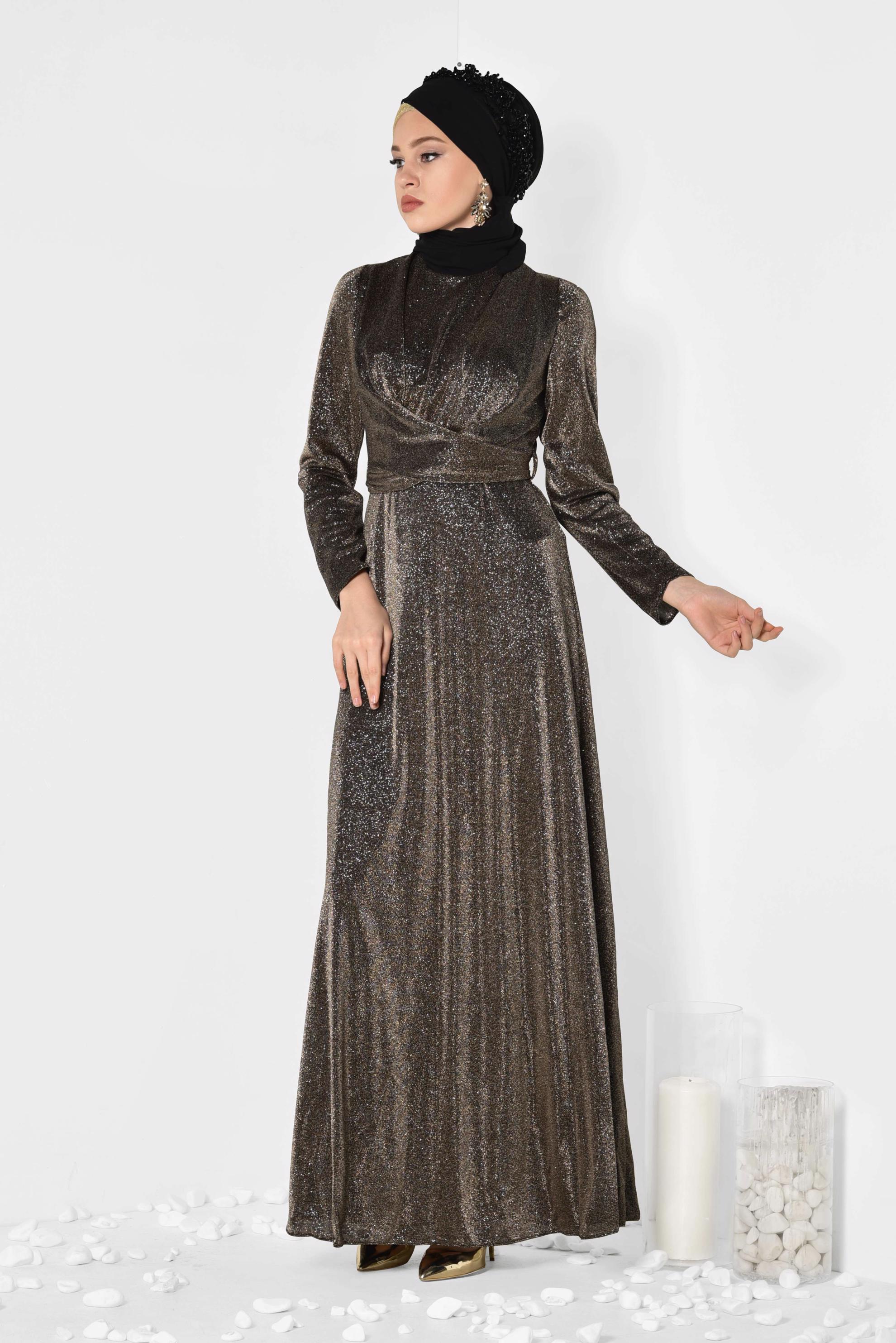 Tesettür giyim ALTIN BELİ KUŞAKLI SİMLİ ABİYE ELBİSE 5575