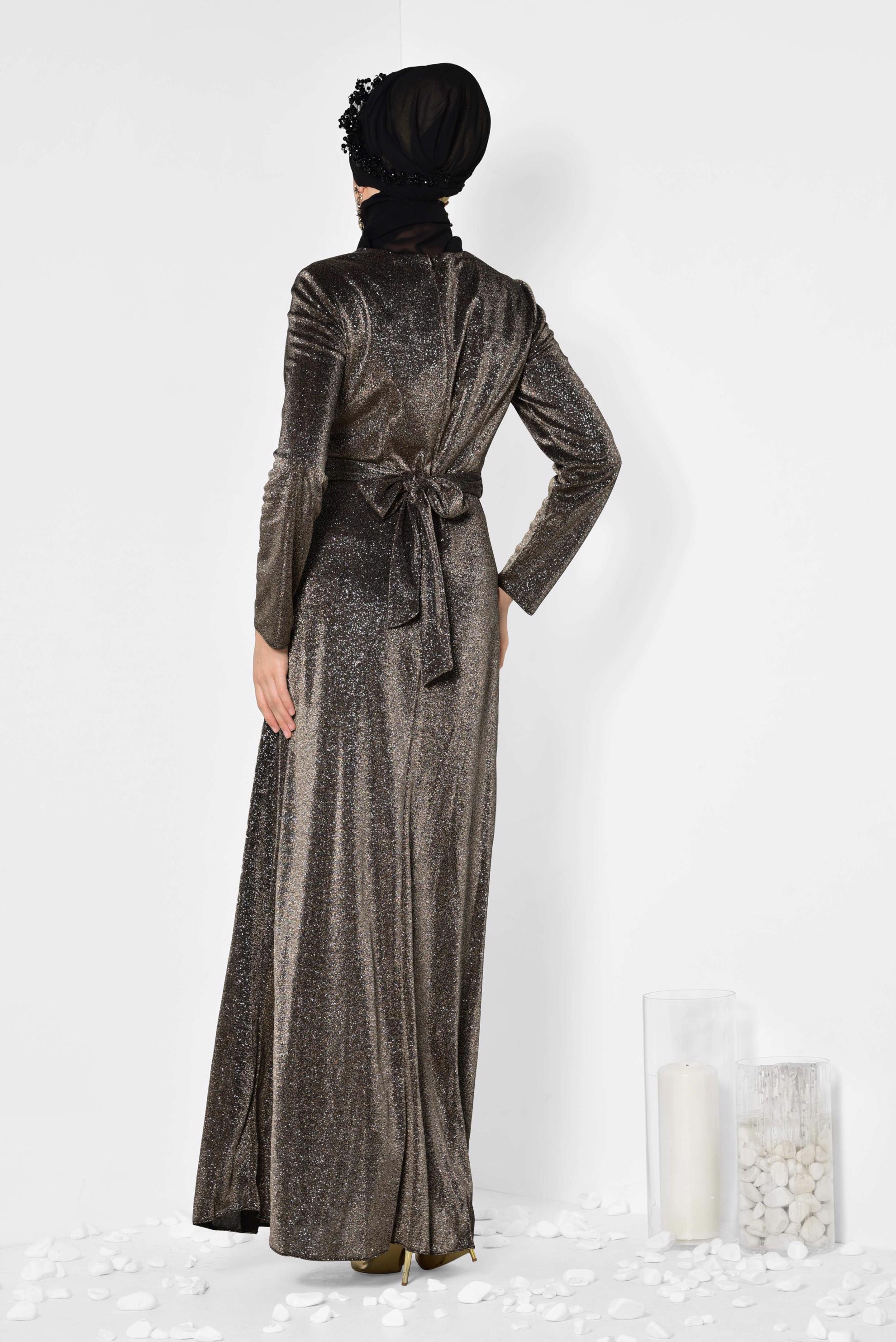 Tesettür giyim ALTIN BELİ KUŞAKLI SİMLİ ABİYE ELBİSE 5575