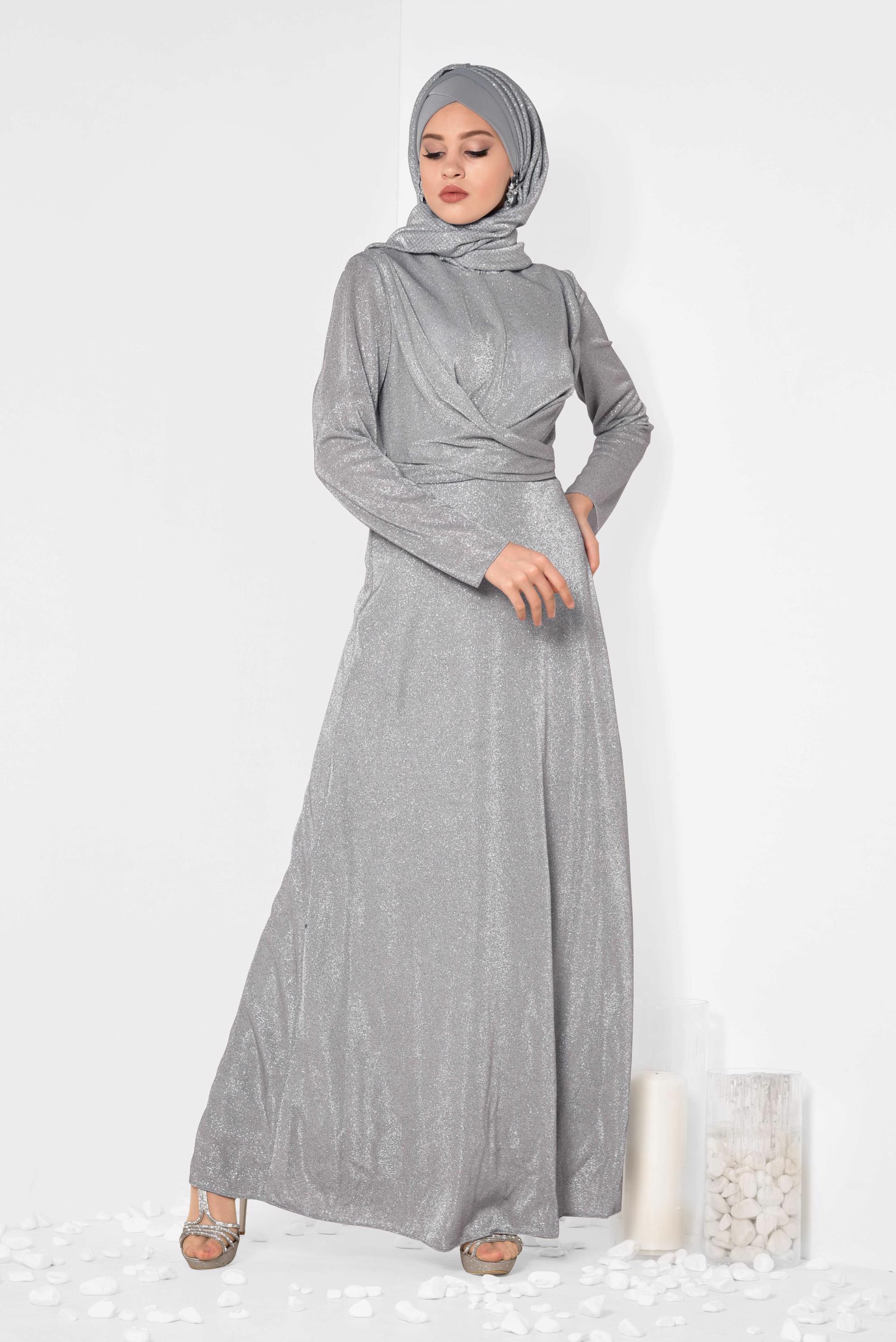 Tesettür giyim GÜMÜŞ BELİ KUŞAKLI SİMLİ ABİYE ELBİSE 5575