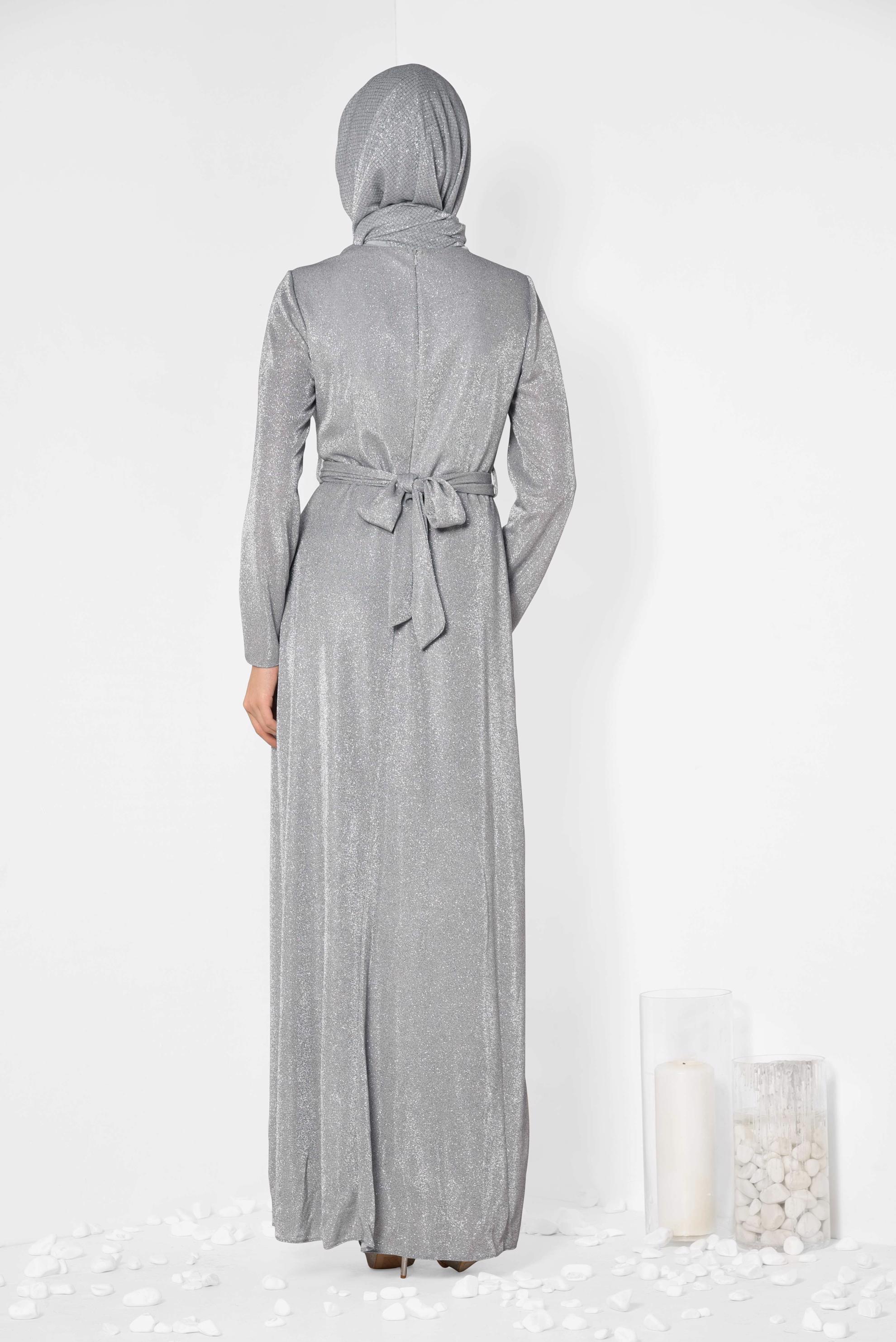 Tesettür giyim GÜMÜŞ BELİ KUŞAKLI SİMLİ ABİYE ELBİSE 5575