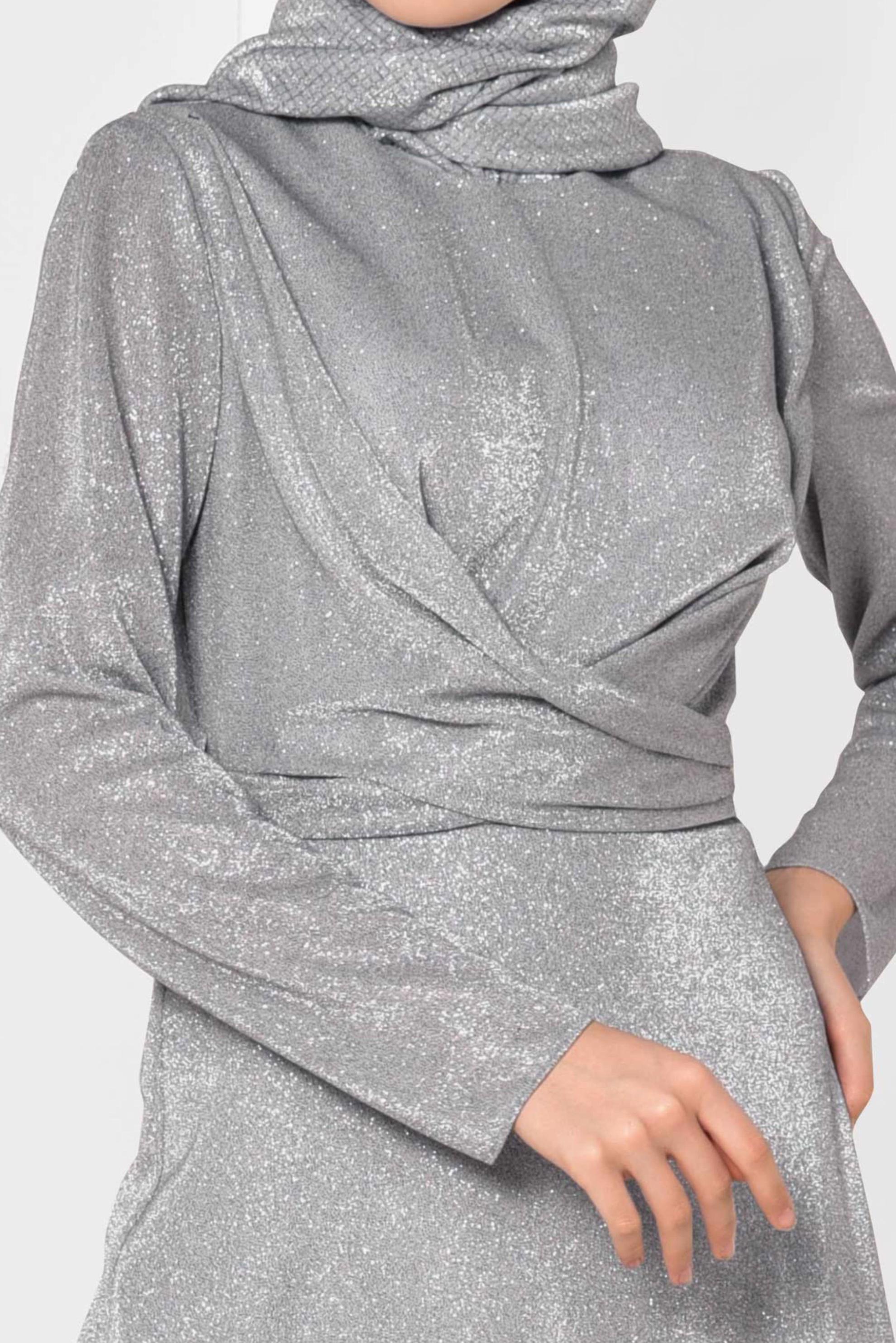 Tesettür giyim GÜMÜŞ BELİ KUŞAKLI SİMLİ ABİYE ELBİSE 5575