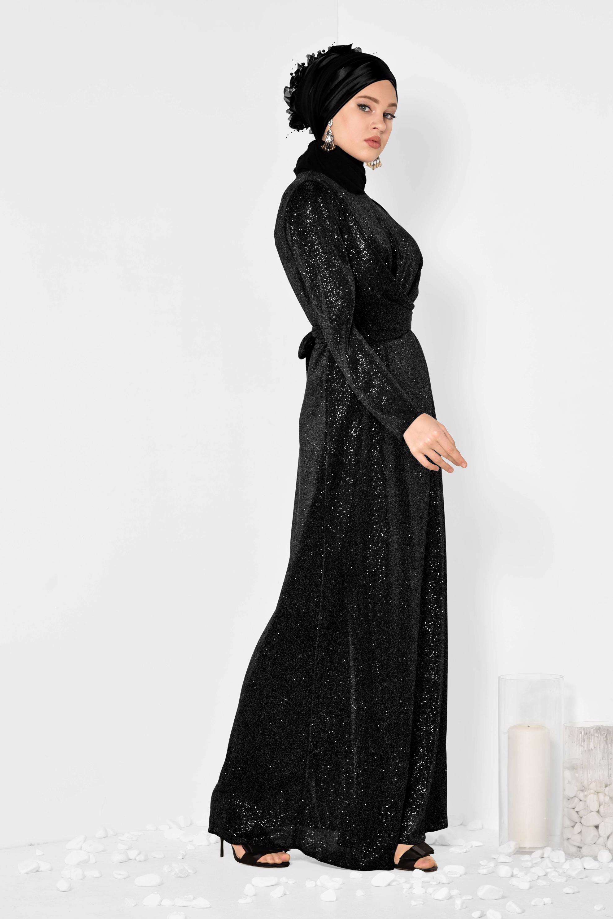 Tesettür giyim SİYAH BELİ KUŞAKLI SİMLİ ABİYE ELBİSE 5575