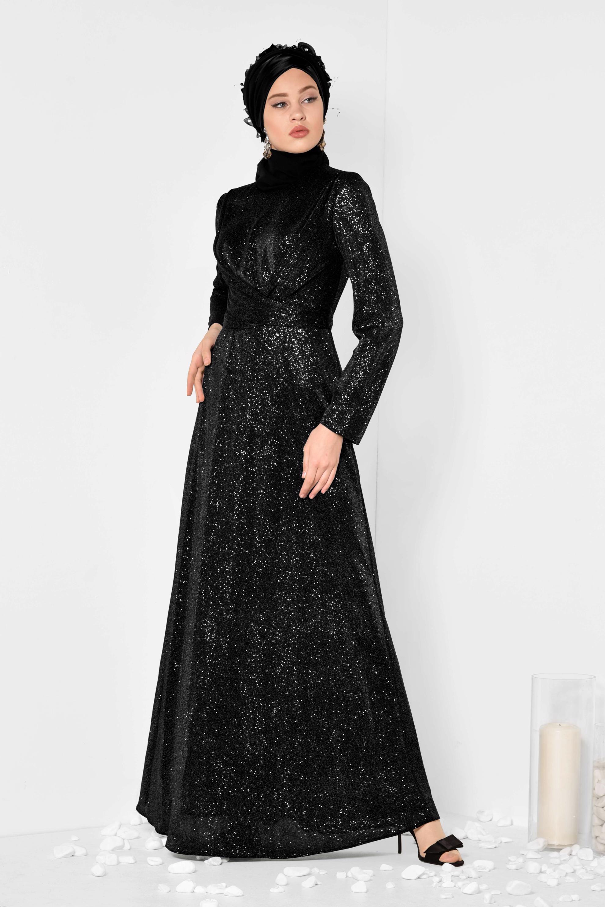 Tesettür giyim SİYAH BELİ KUŞAKLI SİMLİ ABİYE ELBİSE 5575