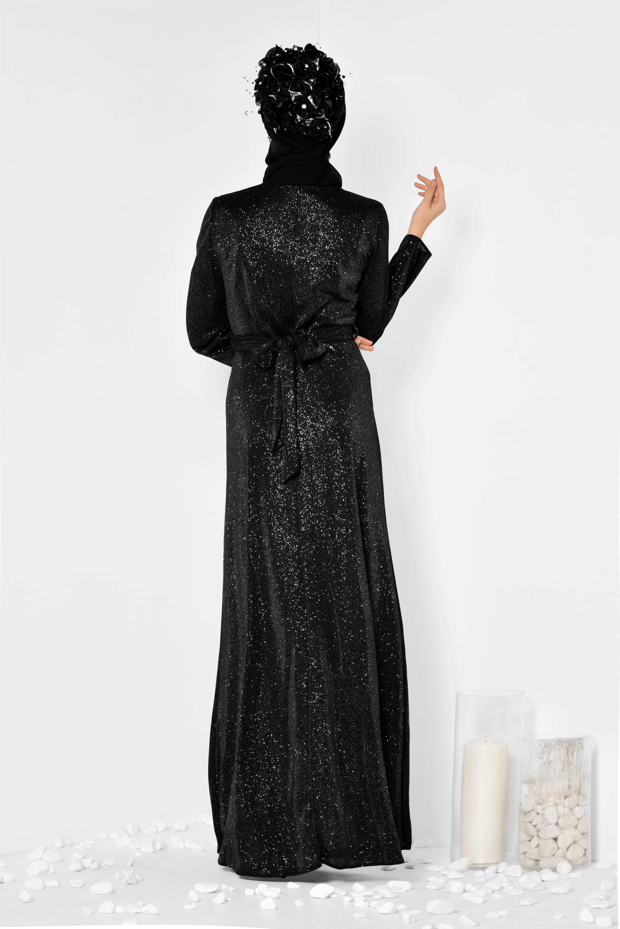 Tesettür giyim SİYAH BELİ KUŞAKLI SİMLİ ABİYE ELBİSE 5575