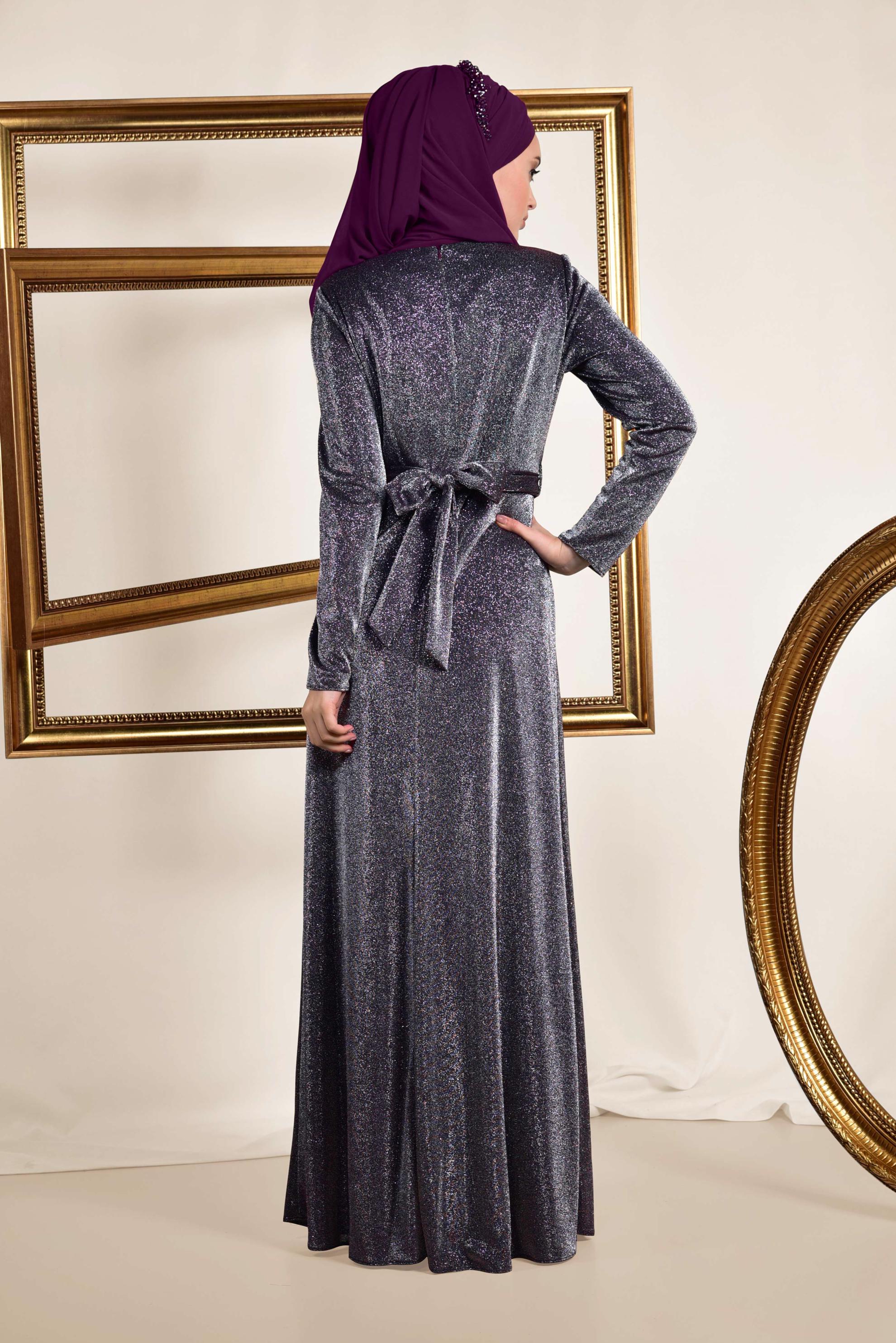 Tesettür giyim MOR BELİ KUŞAKLI SİMLİ ABİYE ELBİSE 5575