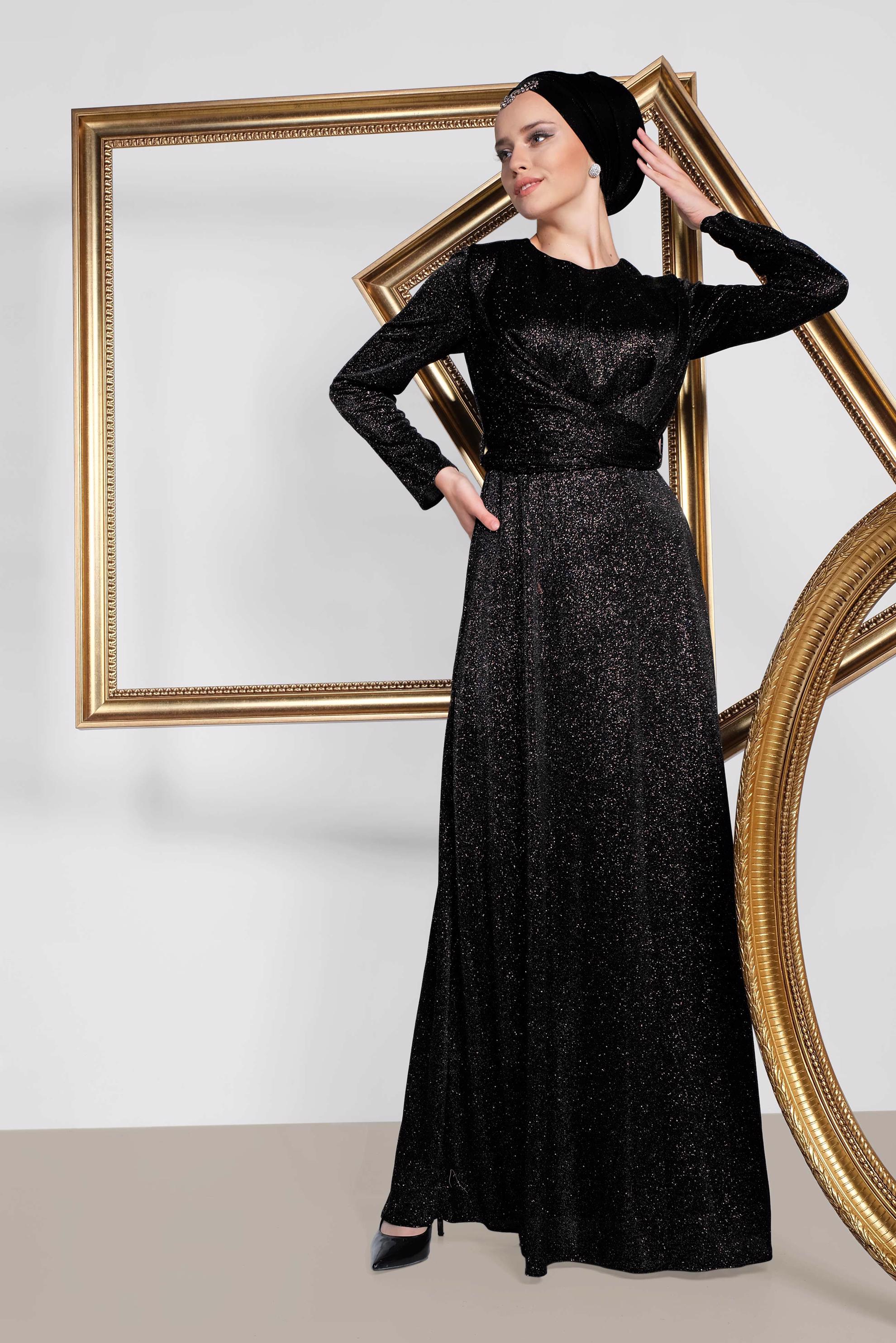 Tesettür giyim SİYAH BELİ KUŞAKLI SİMLİ ABİYE ELBİSE 5575