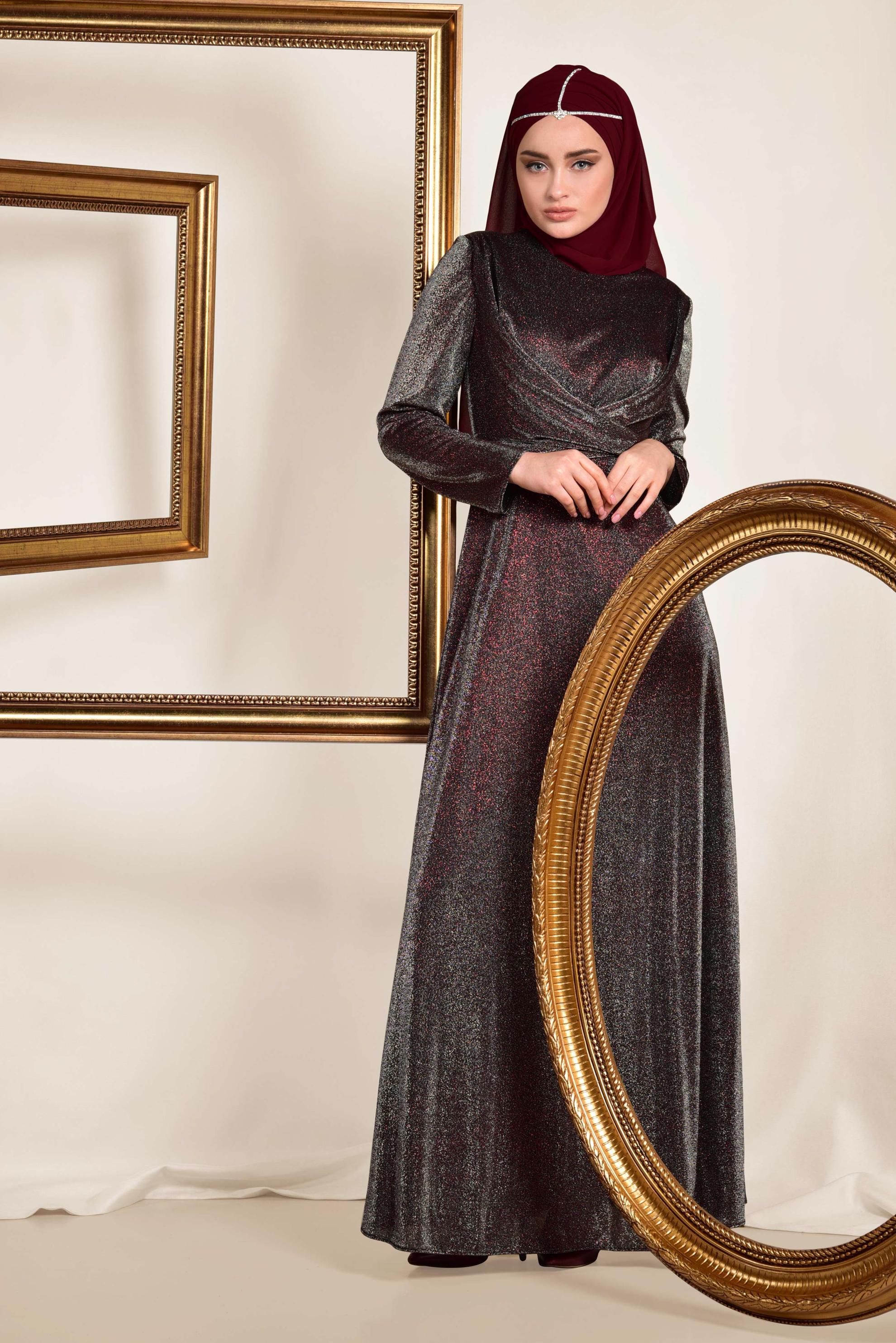 Tesettür giyim BORDO BELİ KUŞAKLI SİMLİ ABİYE ELBİSE 5575