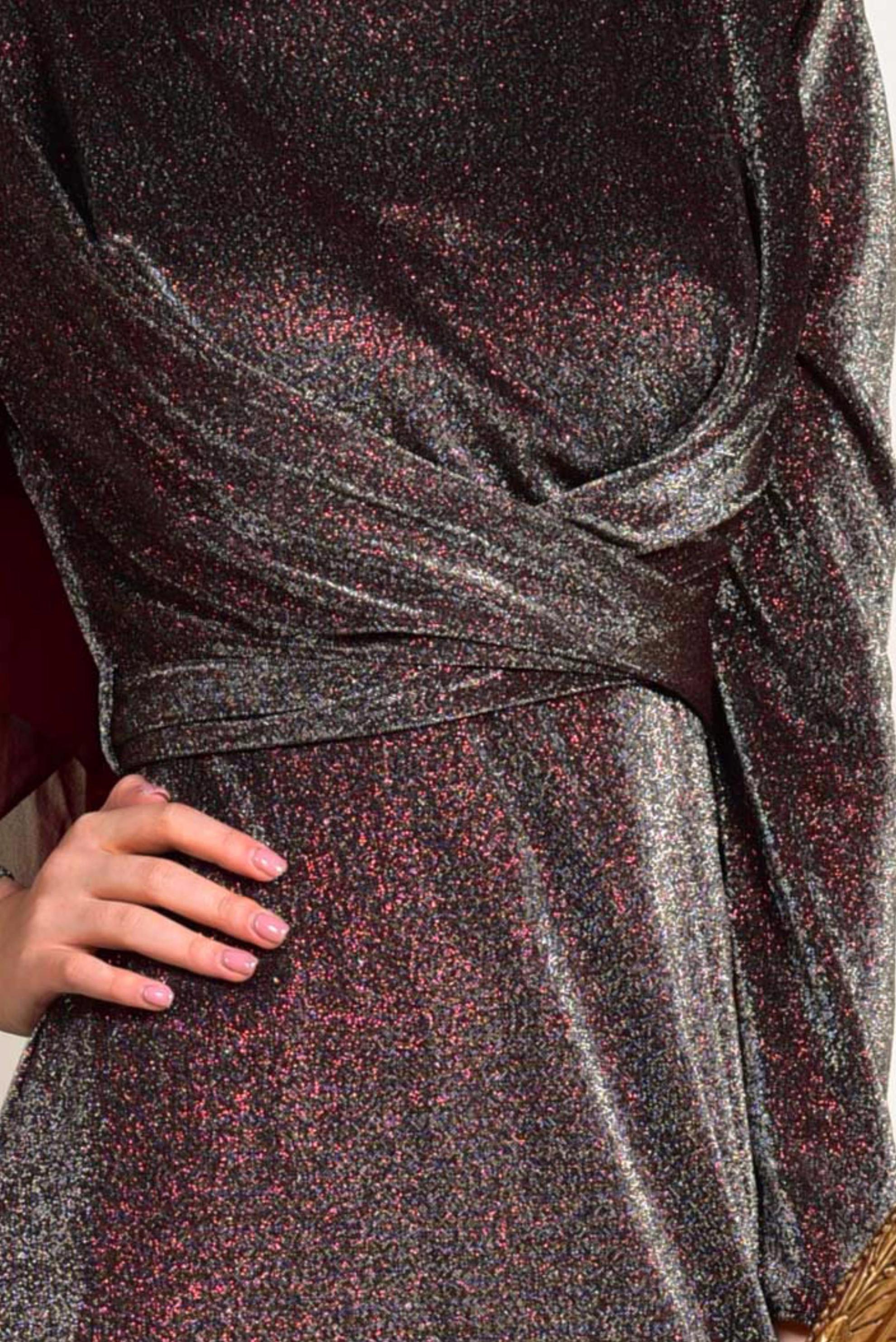 Tesettür giyim BORDO BELİ KUŞAKLI SİMLİ ABİYE ELBİSE 5575