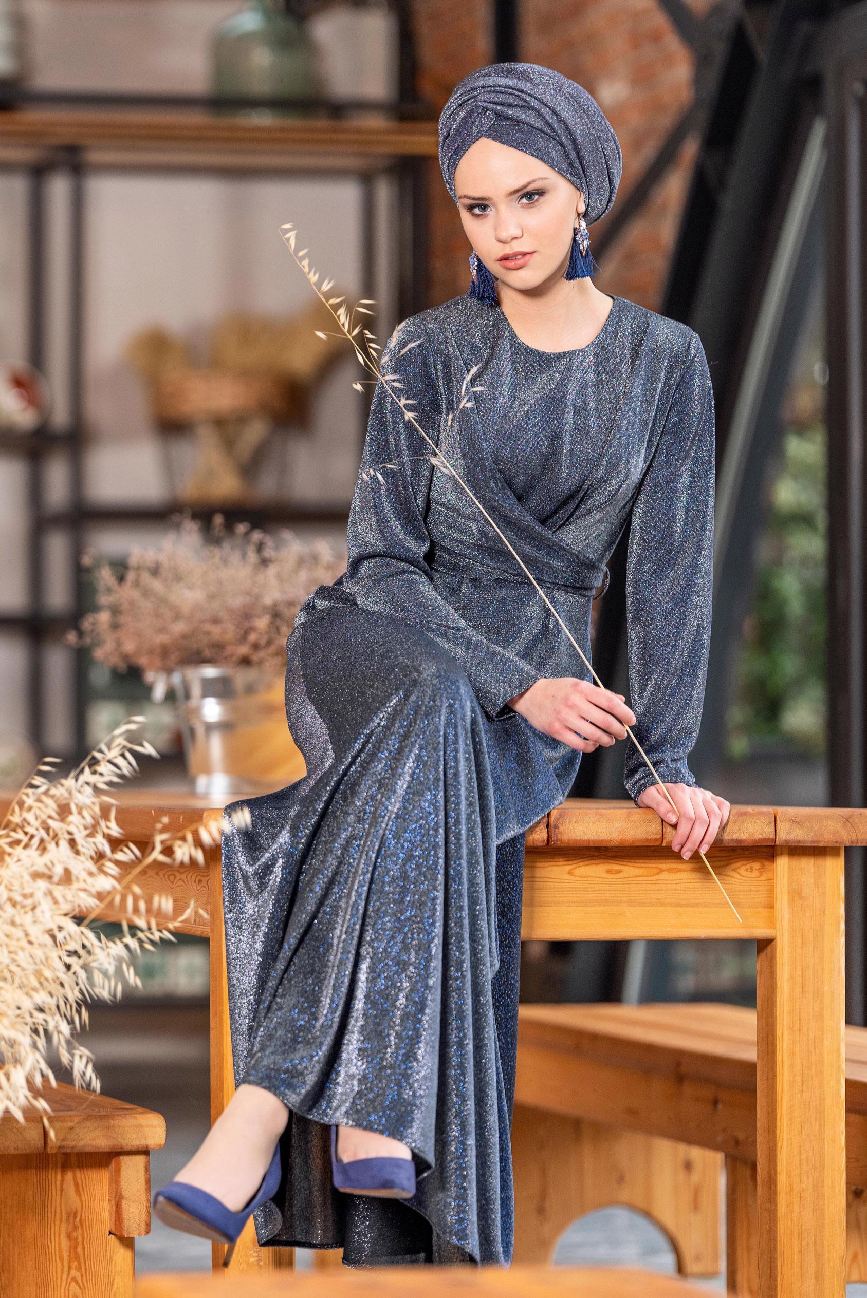 Tesettür giyim LACİVERT BELİ KUŞAKLI SİMLİ ABİYE ELBİSE 5575