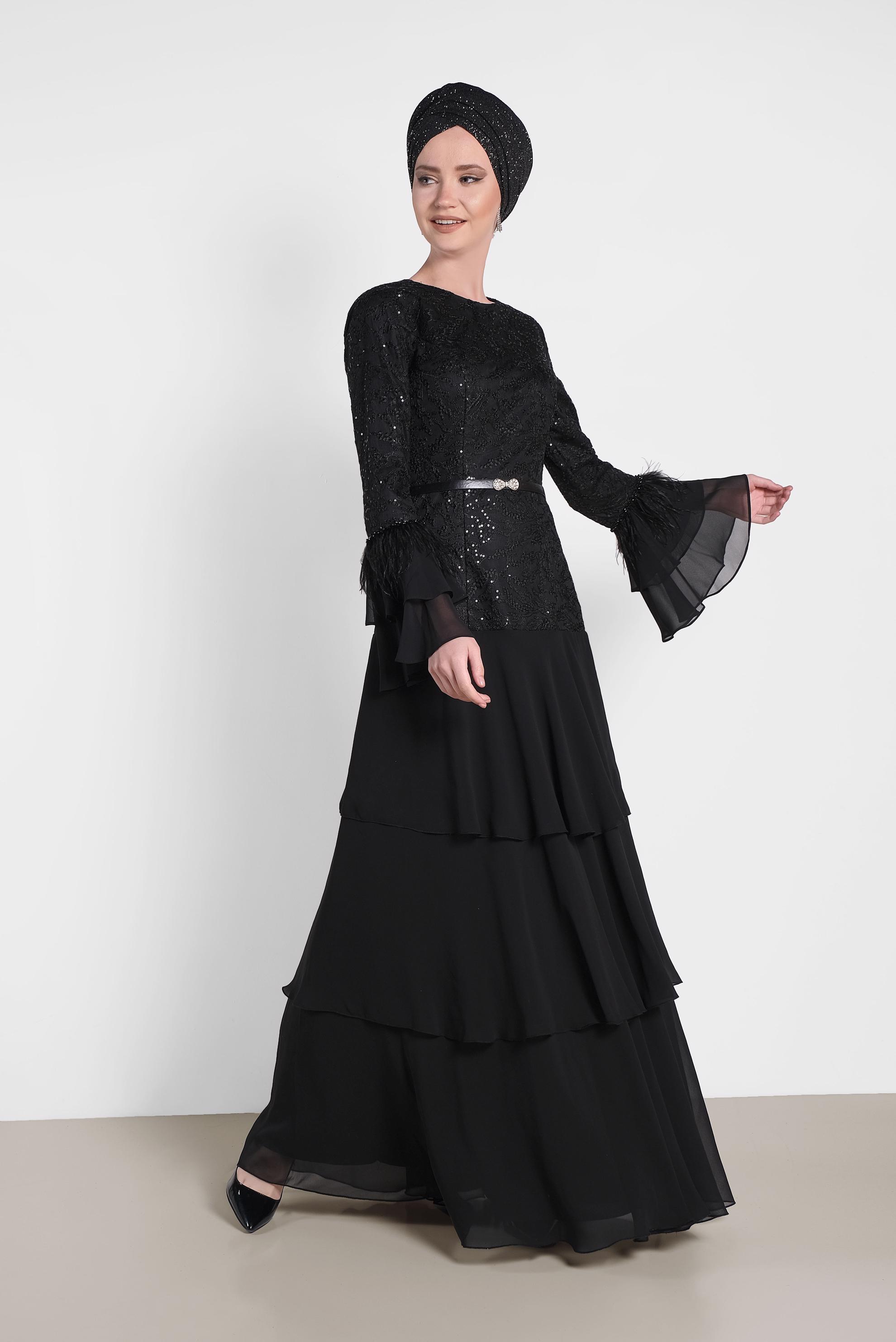 Tesettür giyim SİYAH FIRFIRLI İŞLEMELİ ABİYE ELBİSE 5604