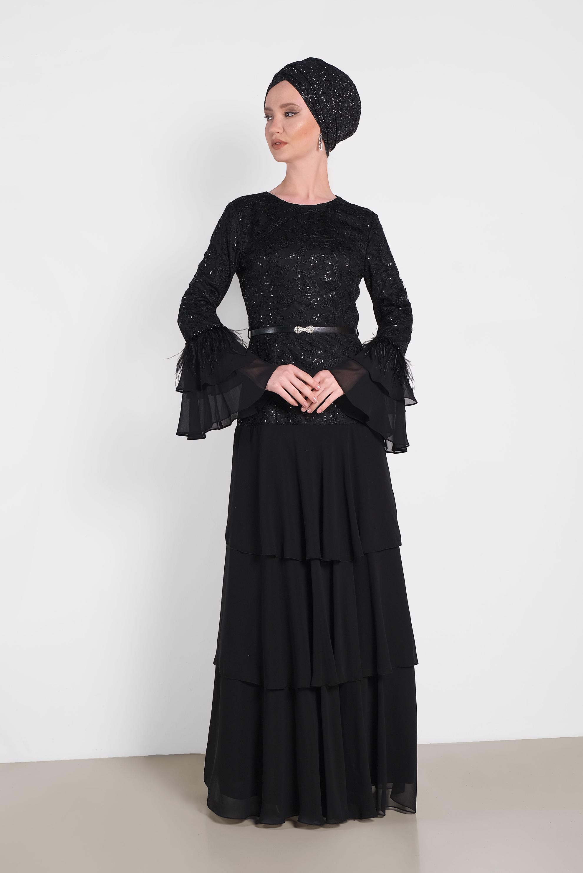 Tesettür giyim SİYAH FIRFIRLI İŞLEMELİ ABİYE ELBİSE 5604