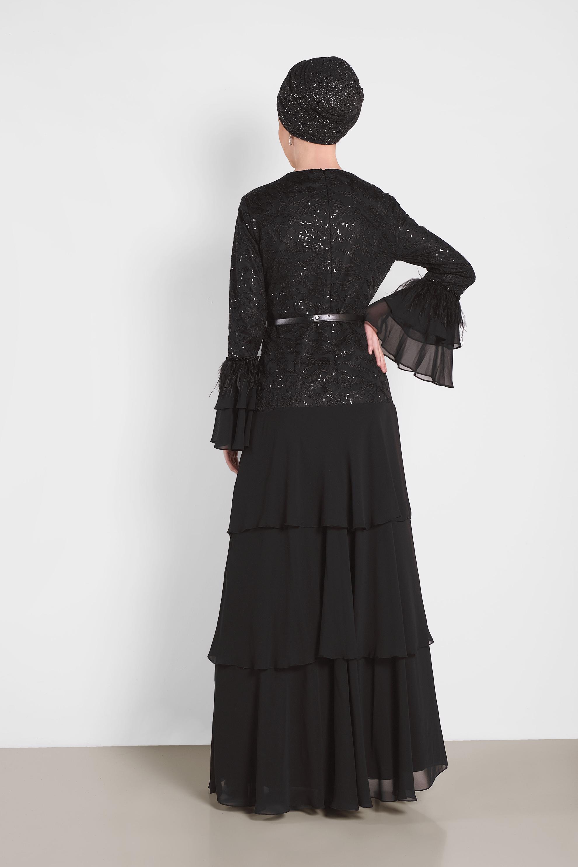 Tesettür giyim SİYAH FIRFIRLI İŞLEMELİ ABİYE ELBİSE 5604