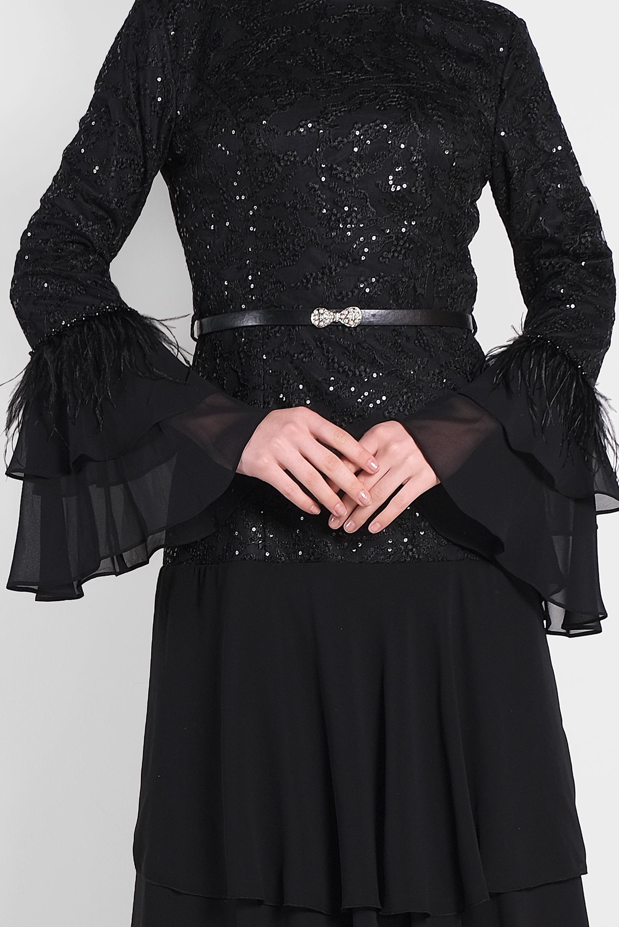 Tesettür giyim SİYAH FIRFIRLI İŞLEMELİ ABİYE ELBİSE 5604