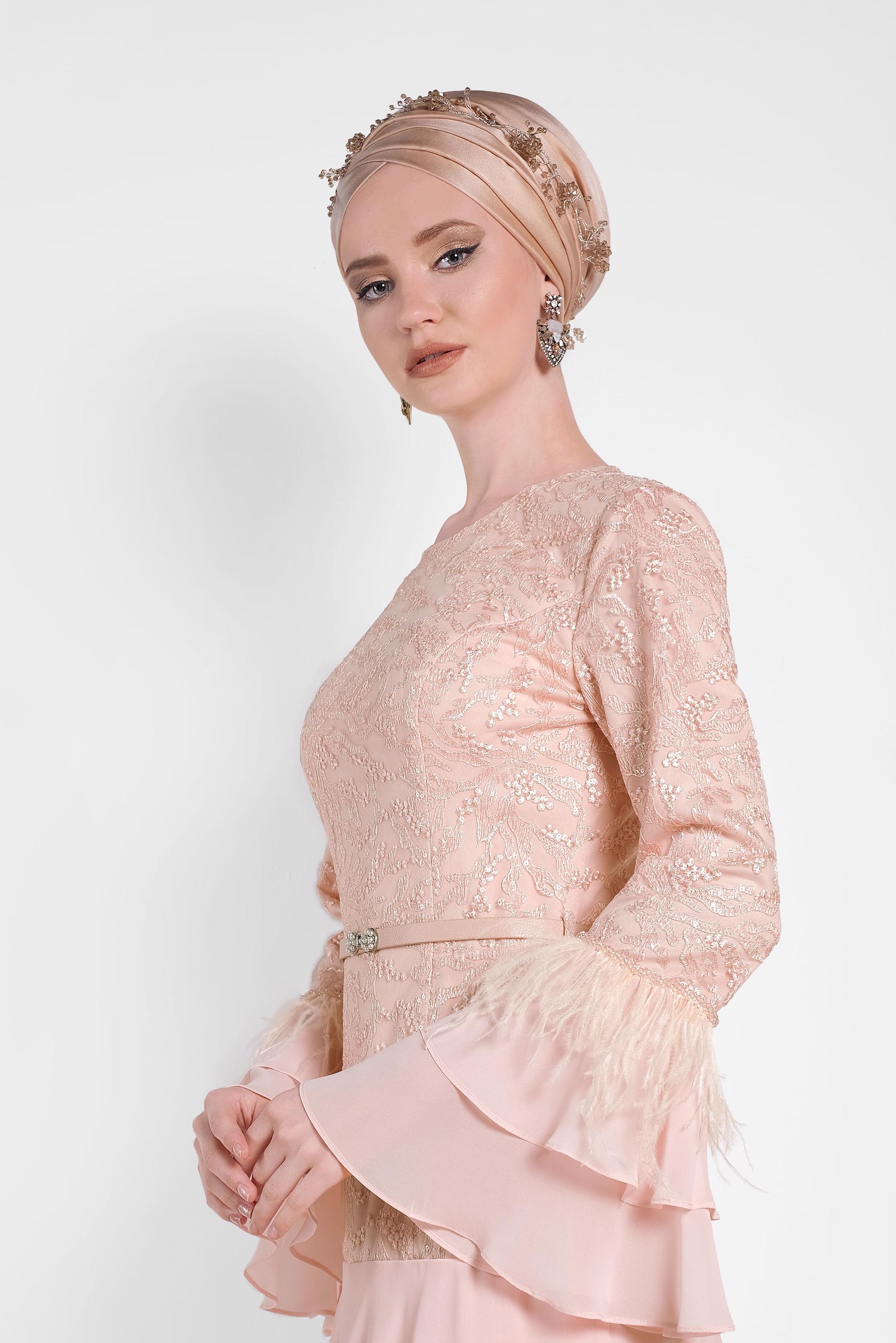 Tesettür giyim PUDRA FIRFIRLI İŞLEMELİ ABİYE ELBİSE 5604