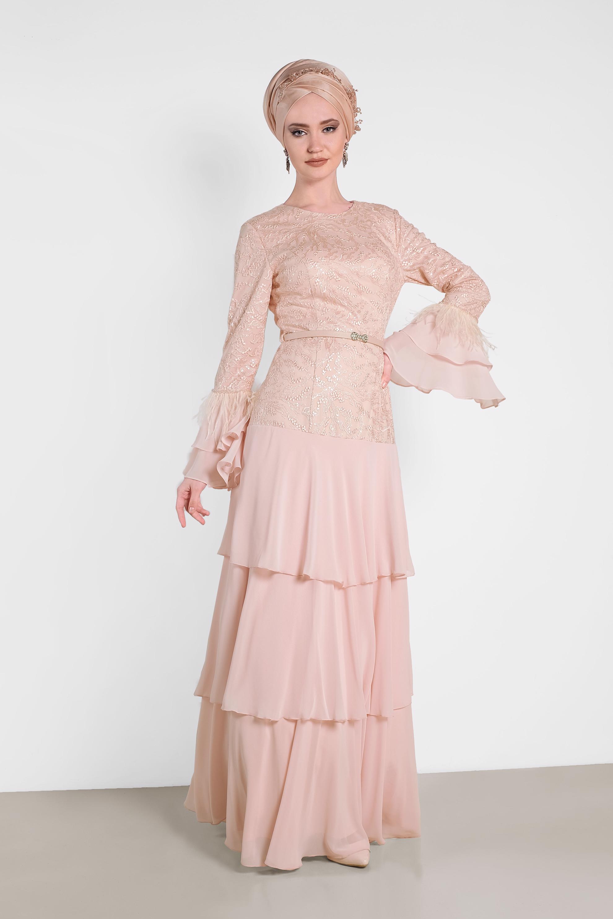 Tesettür giyim PUDRA FIRFIRLI İŞLEMELİ ABİYE ELBİSE 5604