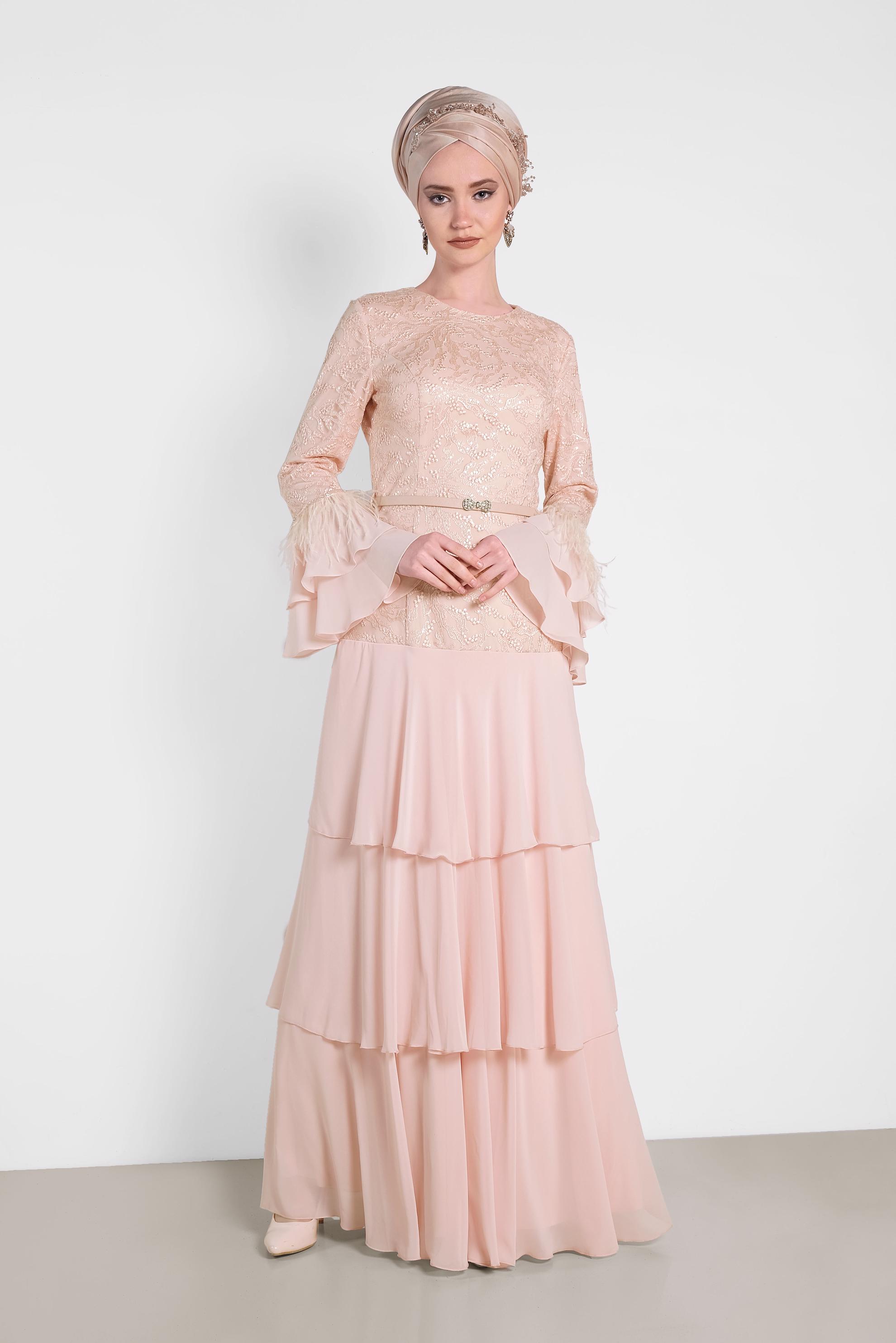 Tesettür giyim PUDRA FIRFIRLI İŞLEMELİ ABİYE ELBİSE 5604